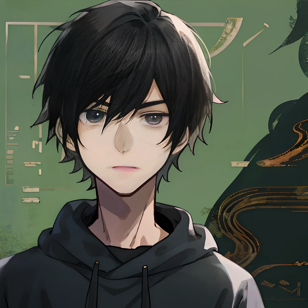 A boy with,with short black hair,Black sweatshirt,A lewd expression,Frontal display,The character is centered