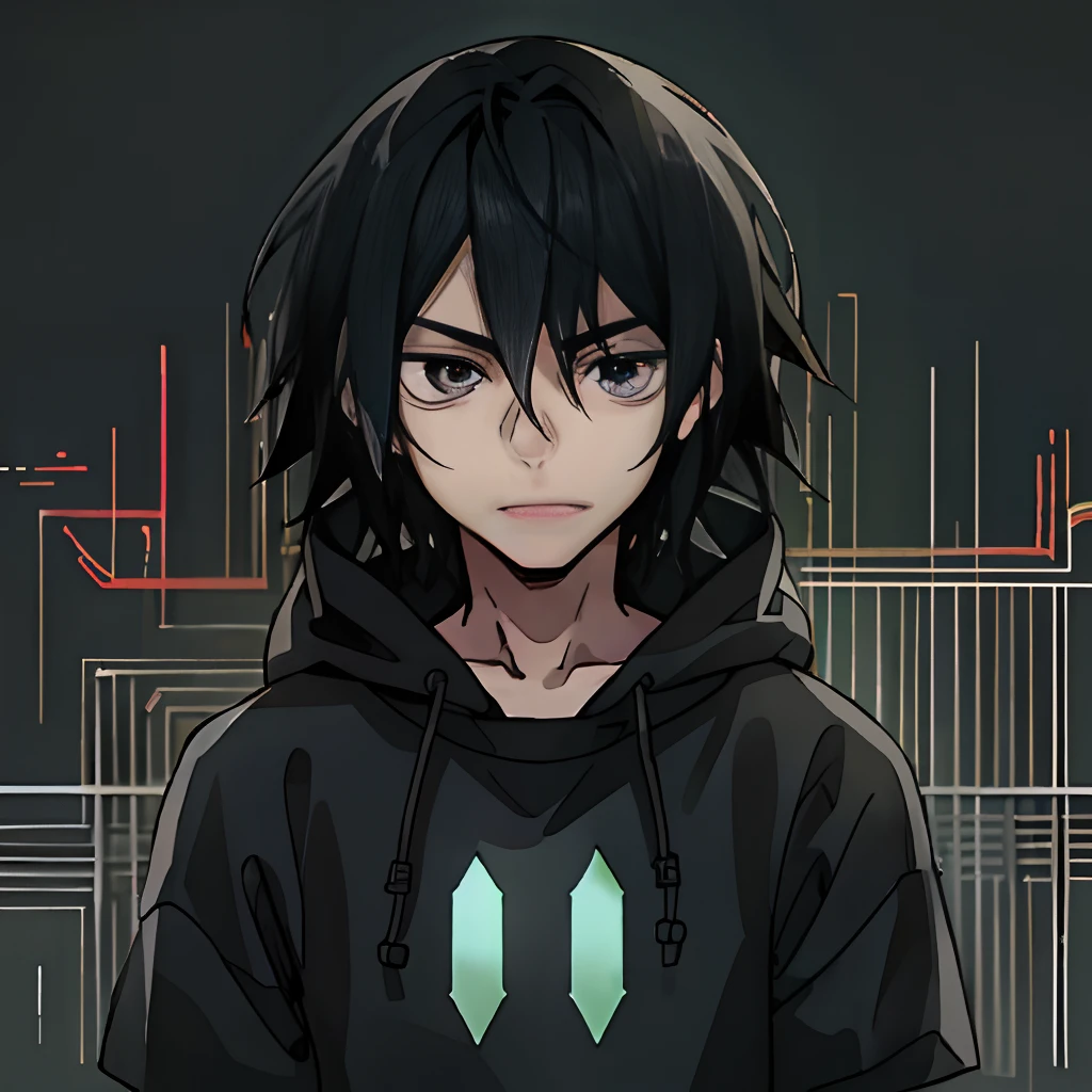 A boy with，with short black hair，Black sweatshirt，A lewd expression，Frontal display，The character is centered