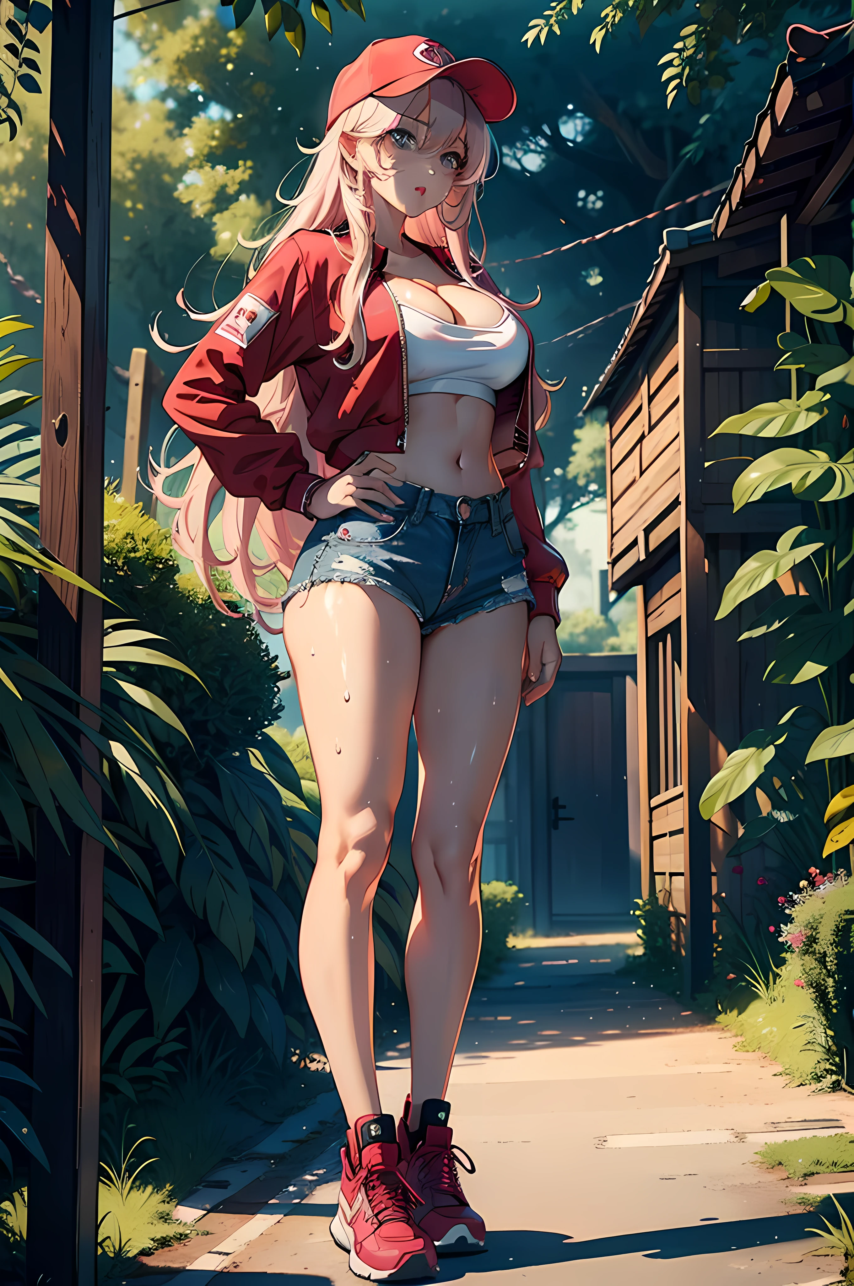 1female，35yo，熟妇，gigantic cleavage breasts，Big breasts Thin waist，long leges，Pornographic exposure， 独奏，（Background with：ln the forest，the rainforest，in summer） She has long pink hair，standing on your feet，Sweat profusely，drenched all over the body，seen from the front， hair straight， mostly cloudy sky，（（（tmasterpiece），（Very detailed CG unity 8K wallpaper），best qualtiy，cinmatic lighting，detailed back ground，beatiful detailed eyes，Bright pupils，blue color eyes，Redlip（Very fine and beautiful），（Beautiful and detailed eye description），ultra - detailed，tmasterpiece，）），facing at camera，（Full body photo），Show shoes，A high resolution，ultra - detailed），revealing breasts，Bare genitalia， Lower body elevation，Raised sexy，Flushed complexion，Open-mouthed，frontage，baseball cap（Wearing：Red baseball jacket，Erotic denim shorts，athletic sneakers）nakeness，full bodyesbian，Show shoes