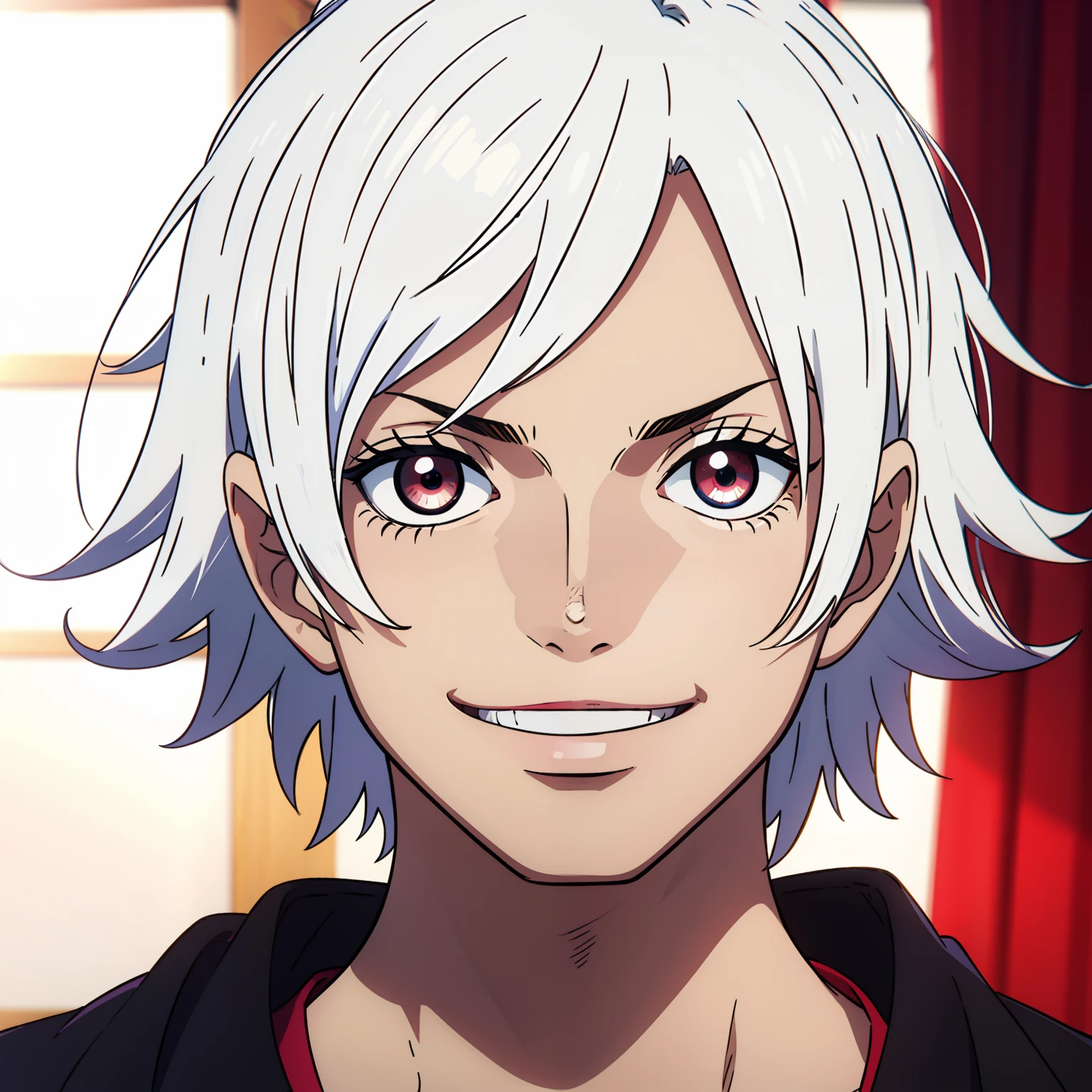 "1Joven con pelo emo, el pelo es de color blanco, el pelo es blanco, el pelo es blanco, los ojos son morados, los ojos son morados, los ojos son morados, Smile and say hello, se muestra de cuerpo completo."