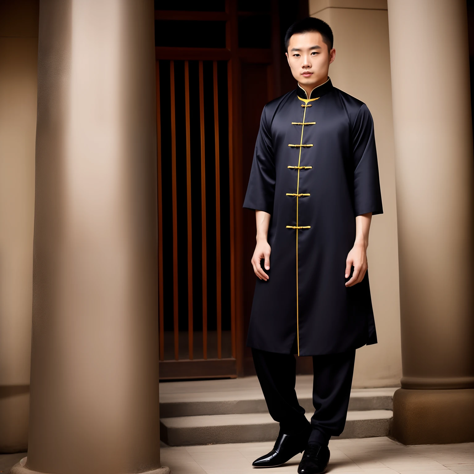 A young Taoist priest,Wear Chinese style shoes,realisticlying,dynamic lights,Thin stature,no facial hair,full shoot,inch hair