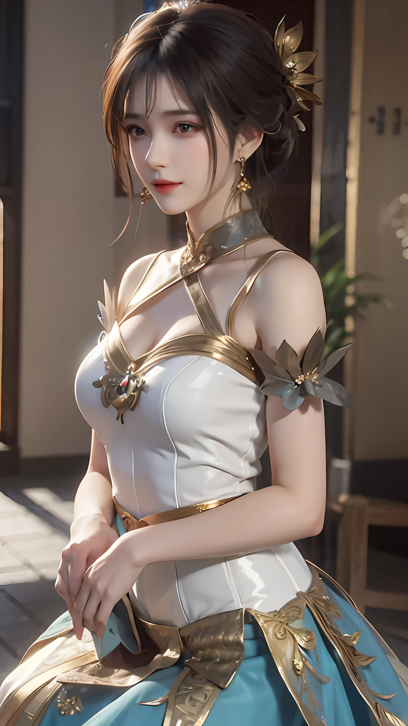 Masterpiece, best quality, super fine, 16k, incredibly absurdres, extremely detailed, beautiful woman, amorous and lewd expression, glossy white-gold messy short hair, side braided, She is wearing a Takarazuka Revue Top Star Clothes, superlative body proportion,