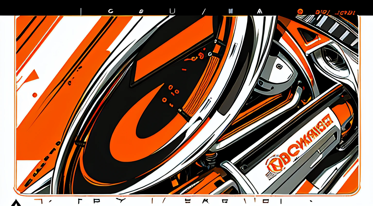 Close up of orange and white color poster on black and white background，Render mechanical lines，Cool，Vector graphic design，