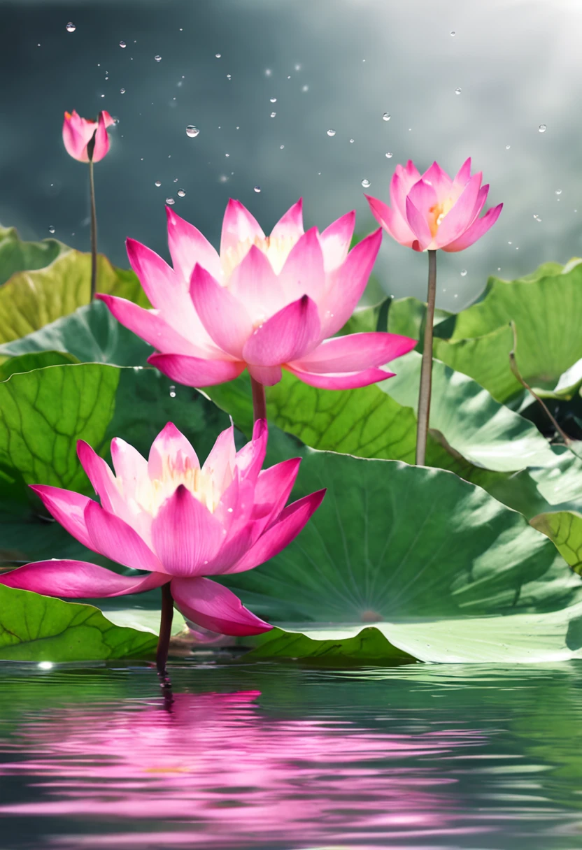 (watercolor paiting:1.2), Bumbu Abu Abu Aban Buatam Pink Morning Sun, rainbows, Water drops on lotus leaves.