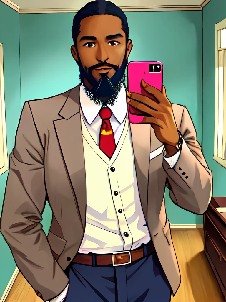 there is a mixed race African man with a beard and a tie in a room, 4 0 years old man, without beard and mustache, selfie, about 3 5 years old, without beard, selfie of a man, selfie photo, very very low quality picture, selfie!!!!! of a man, 45 years old men, (38 years old), 80's style anime