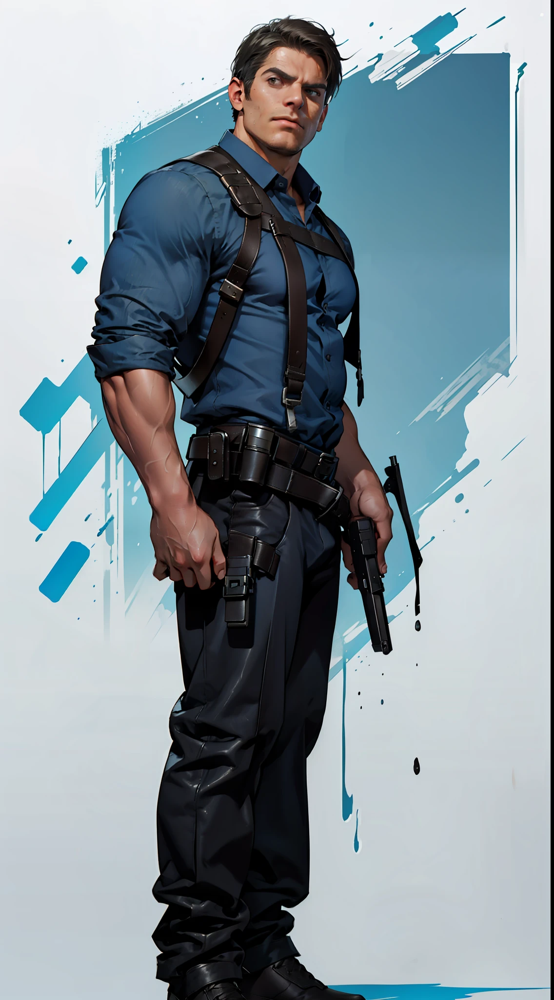 1 man, male focus solo, middle aged man, tall, lean muscle, light blue shirt, black leather shoulder holster, faded black trouser, full body shot, black short hair, facial hair, holding a pistol with two hands, (pistol:1.2), ultra high quality, masterpiece, low camera angle, intense splashed blue and white paint in the blackground