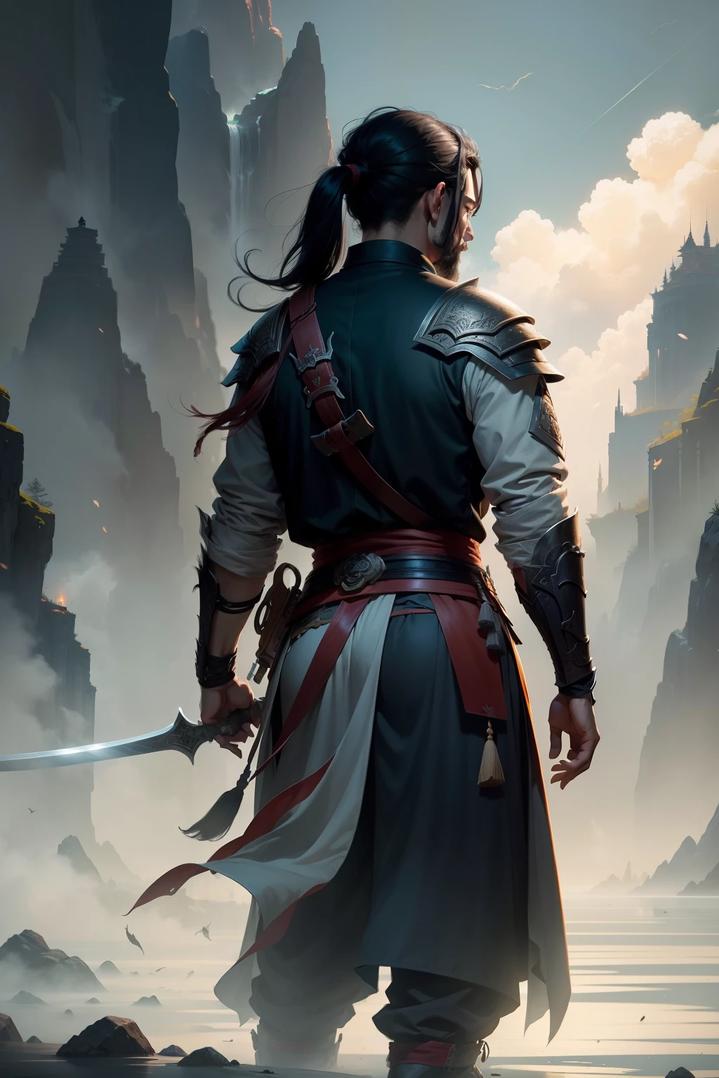 Draw the back of a man with a sword in a hazy landscape, inspired by Sōami, by Yang J, author:Shen Zhou, concept art illustration, Traditional Chinese concept art, Inspired by Feng Zhu, illustration concept art, Inspired by Shen Zhou, inspired by Zhang Sengyao, author:Li Zai, author:Sun Kehong, A beautiful artwork illustration, dramatic concept art