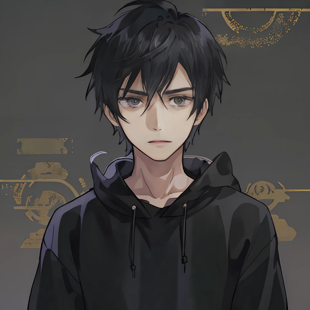 A boy with，with short black hair，Black sweatshirt，A lewd expression，Frontal display，The character is centered