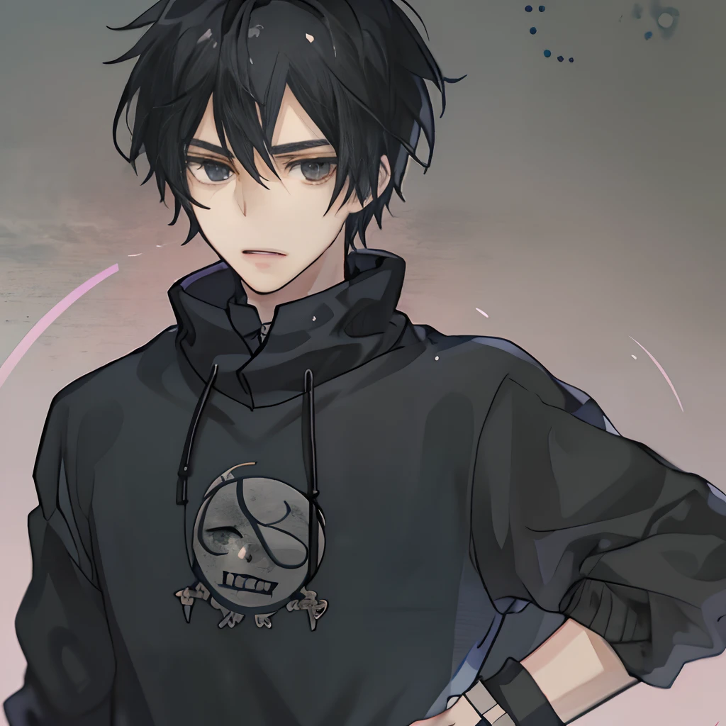 A boy with,with short black hair,Black sweatshirt,A lewd expression,Frontal display,The character is centered