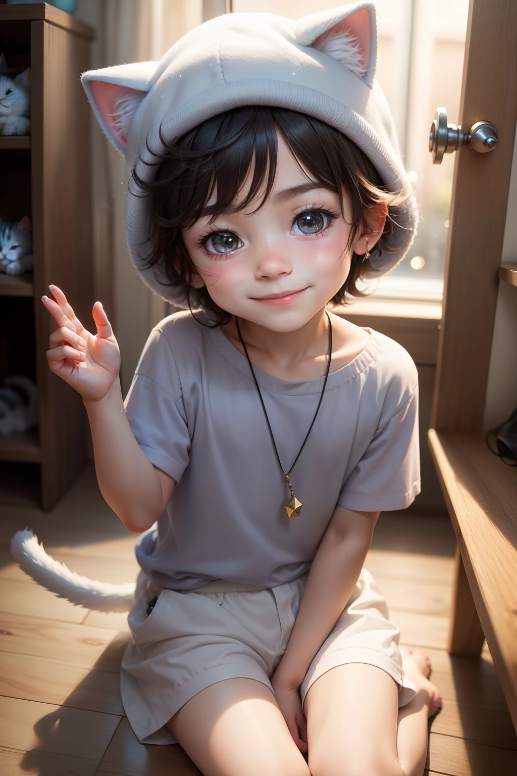 Sparkling  boy，adorable captivating, Innocent smile, Instant happiness，There are cat hats。