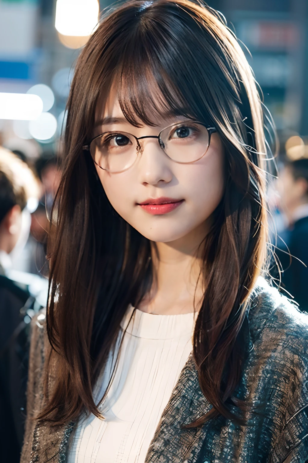 (8K、Raw photography、top-quality、masterpiece:1.2)、(realisitic、Photorealsitic:1.37)、ultra-detailliert、超A high resolution、1人、see the beholder、beautifull detailed face、A smile、Constriction、(Slim waist) :1.3)、Autumn clothes、Beautiful detailed skin、Skin Texture、Floating hair、Professional Lighting、Osaka、Black-rimmed square glasses、Whole human body、Brown hair