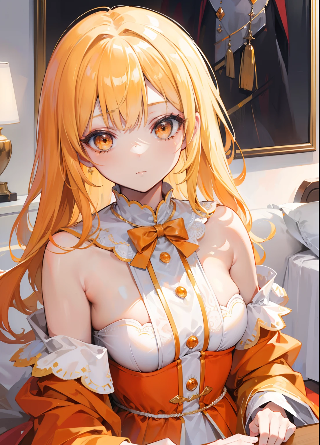 Blonde hair，Orange and white clothes，The royal sister with delicate makeup and shiny face