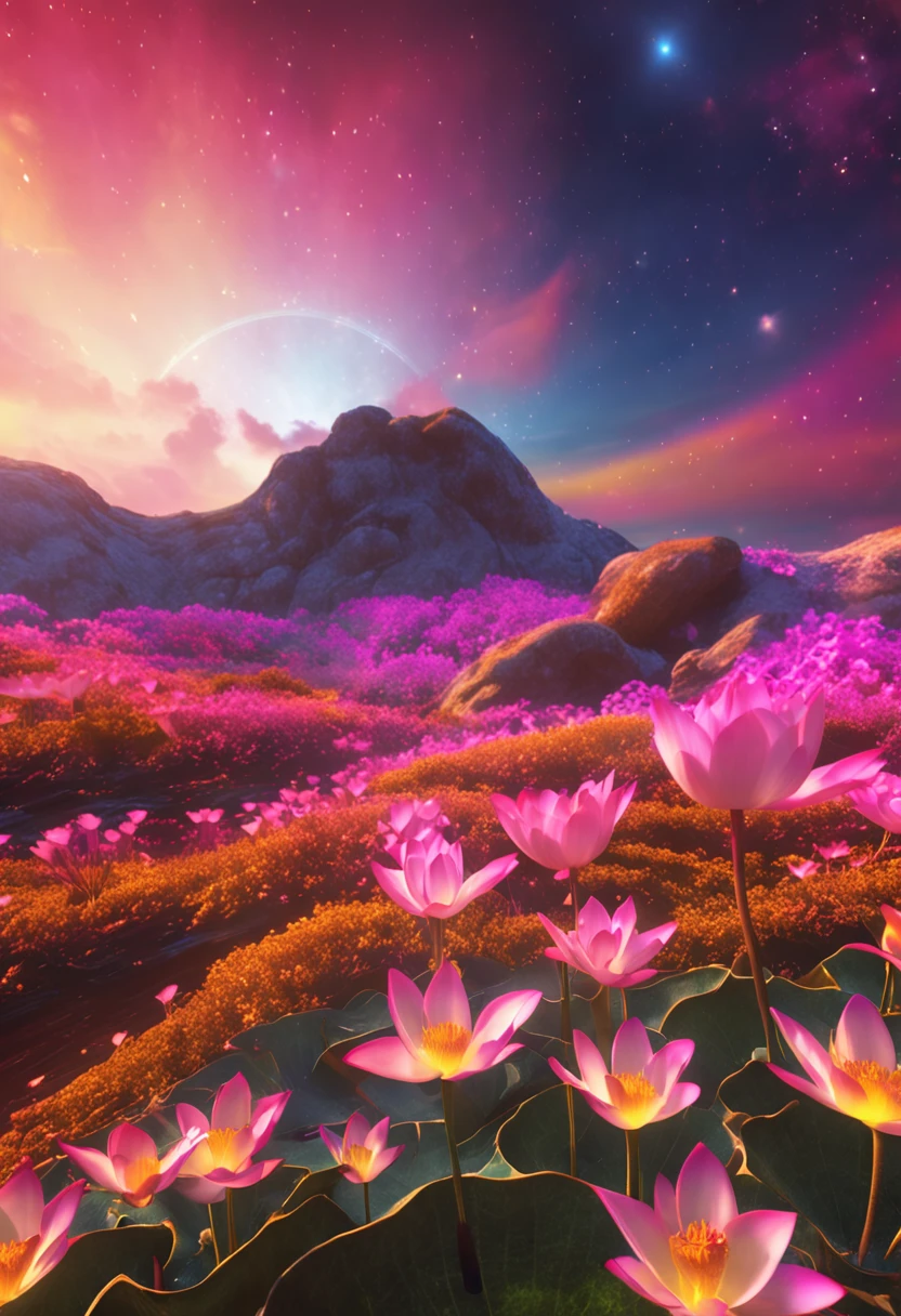 Lotus flower with shallow petals, A symbol of Buddhism, Rainbow colors of rainbow colors, There is a golden aura around him，A very bright divine light descended from the sky,  high-definition image, High detail and realistic style. Images of at least 300 dpi, UHD 8k