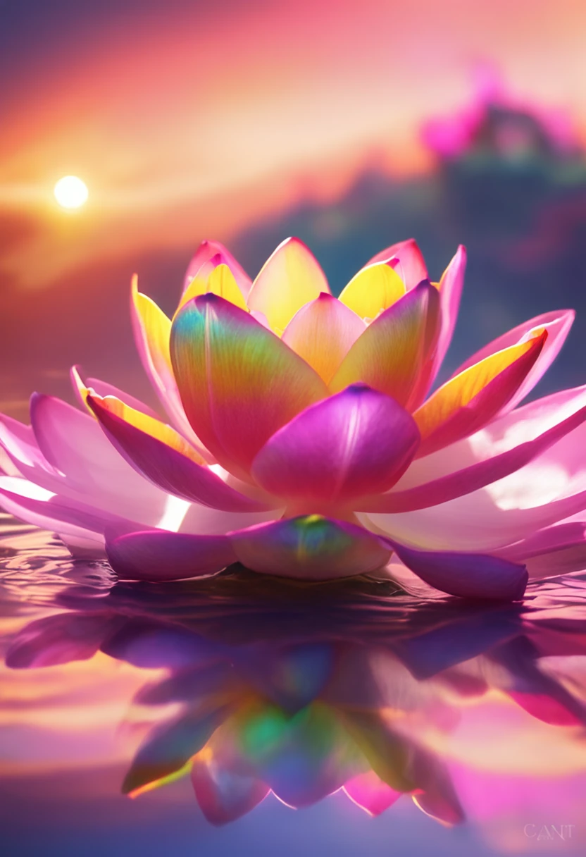 Lotus flower with shallow petals, A symbol of Buddhism, Rainbow colors of rainbow colors, There is a golden aura around him，A very bright divine light descended from the sky,  high-definition image, High detail and realistic style. Images of at least 300 dpi, UHD 8k