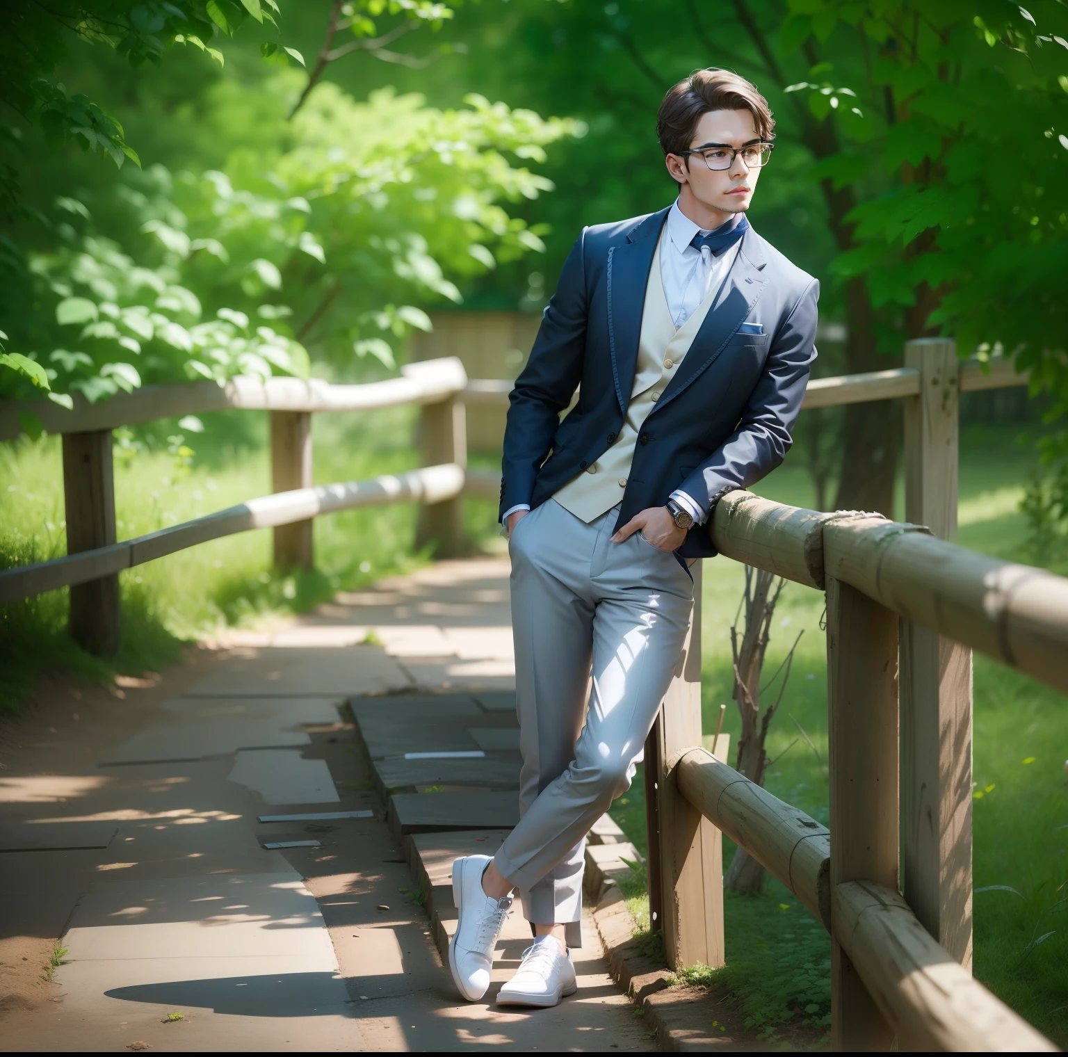 can you create the same position with work suit and building around , with glasses