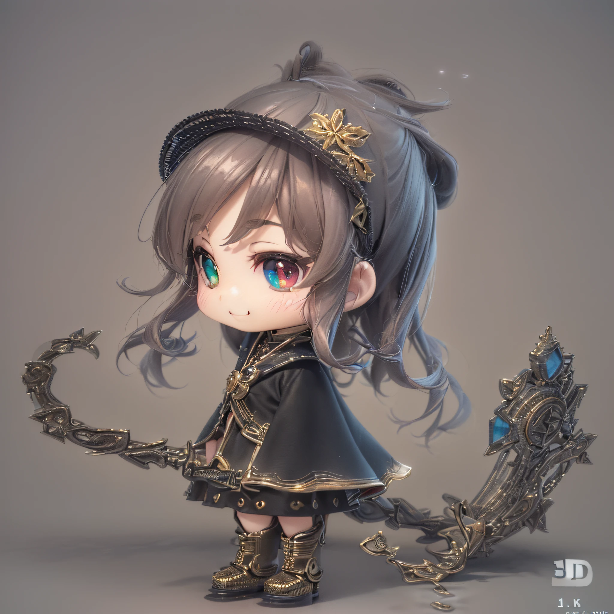 (Chibi:1.5)((masutepiece, of the highest quality, Watercolor art (Pendants), Beautiful and aesthetic: 1.2)), (Golden ratio: 1.2), (Full body: 1.2), (Super Detail: 1.3), (1 persons:1.5)、(1 girl: 1.3), (Fractal Art: 1.3), (Glitter Pupil)),(Brown hair: 1.2)),  (Heterochromia), (Colorful: 1.5), (((Shy face)),  (full body Esbian), (Hyper-detailing), ((delicate detail)), (intricate-detail), ((Cinematic Light, Highest quality backlight)), High contrast, ((The best lighting, Very delicate and beautiful)), (( Cinematic Light)), (ray trace reflection, Glow), (((glowing aura)), ((Glowing hair)), ((Super Detail)), (8K)), ((a closeup)),  ((Seductive smile)) ,((FULL BODYSHOT))、(Chibi:1.5)、(3D Rendering:1.5, Plastic Texture:1.5, Chibi deformation:1.5, Full body, Front view:1.5),（Cane in hand:1.5、Black Wizard Robe:1.5,Braids:1.5)