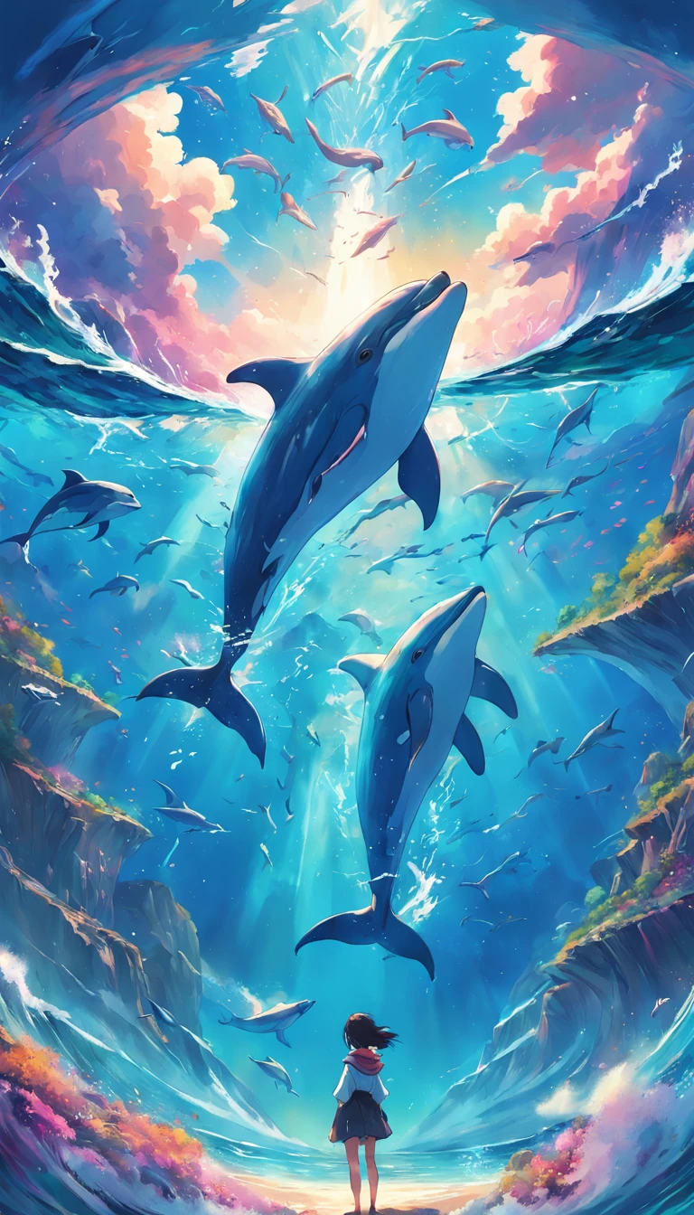 Painting of a pod of dolphins swimming in colorful ocean, Look up at the composition,sky whales, Inspired by Cyril Rolando, dreamy psychedelic anime, colorful anime movie background, A beautiful artwork illustration, author:Shitao, colorful concept art, Makoto Shinkai Cyril Rolando, In the style of Cyril Rolando, flying whale, Highly detailed watercolor 8K, highly detailed water colour 8 k,octane,Fine,Realistic,8K,Estilo de Makoto Shinkai( reasonable design, Clear lines, High sharpness,Best quality, Very detailed, Masterpiece, movie light effect, 4K )