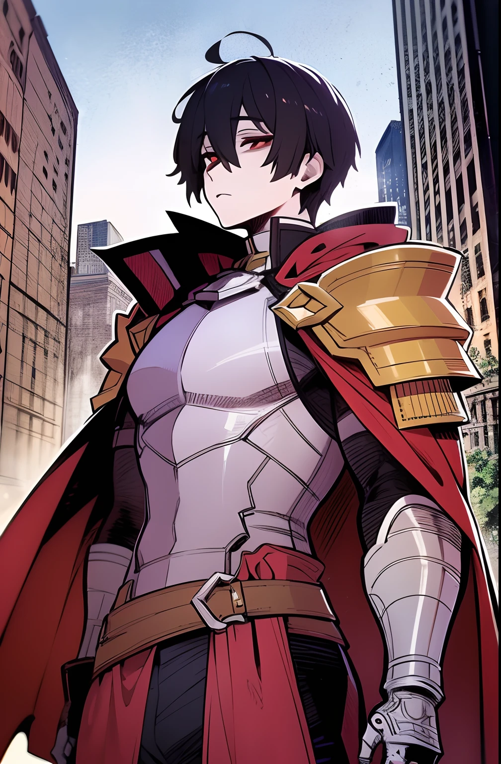 hight resolution, sharp-focus, pixiv masterpiece, ((intricate details)), Highly detailed, 1boy, upper-body, Kim_Minsu, bronya, red cape, red eyes, black hair, pauldrons, bags under eyes, City, shoulder armor,