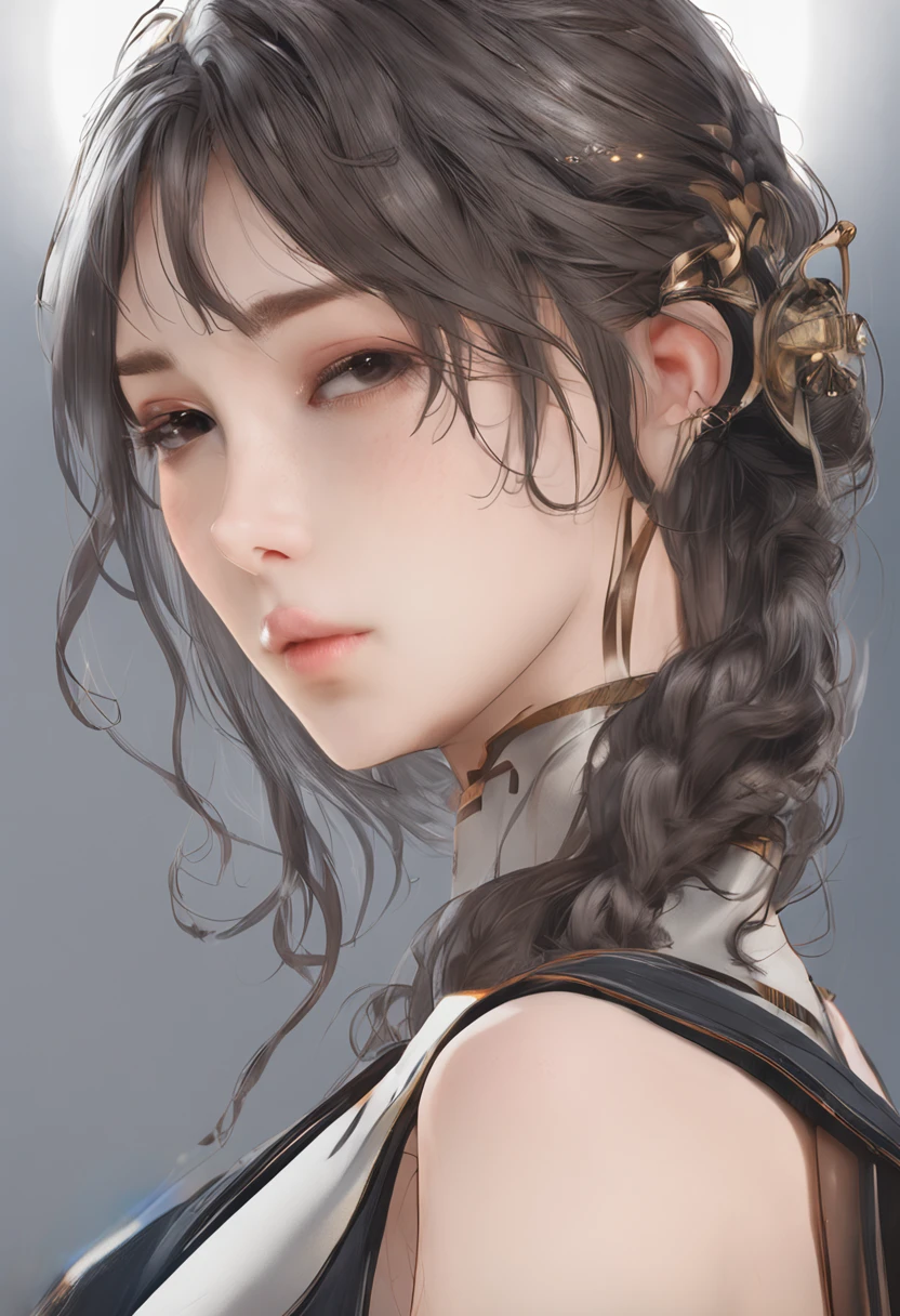 tmasterpiece、top-quality、(reallistic、Photorealsitic:1.4)、(RAW photos:1.2)、Highly elaborate CG Unity 8K wallpapers、Extremely Delicately Beautiful、magnifica、Attention to detail、offcial art、absurderes、Incredibly Ridiculous res、hugefilesize、Extremely fine、very refined、Beautiful eyes and face、Beautiful exquisite eyes、Light on the face、1 girl in、Gray sleeveless shirt、Bare wrists、By bangs、ulzang-6500-v1.1 Chinese female model studio shoot,White basemap,super clear detail,close-up upper body,Physiognomy lens