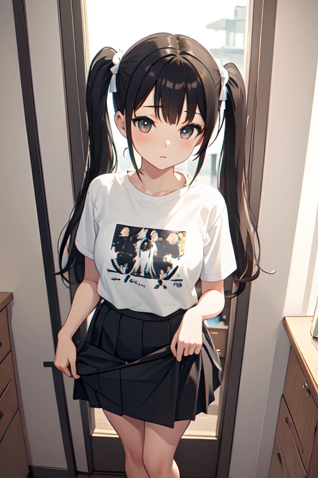 bedroom, wall, window, wide angle, 1girl, POV, from above, standing, casual clothes, twintails, t-shirt, skirt, (skirt lifted),