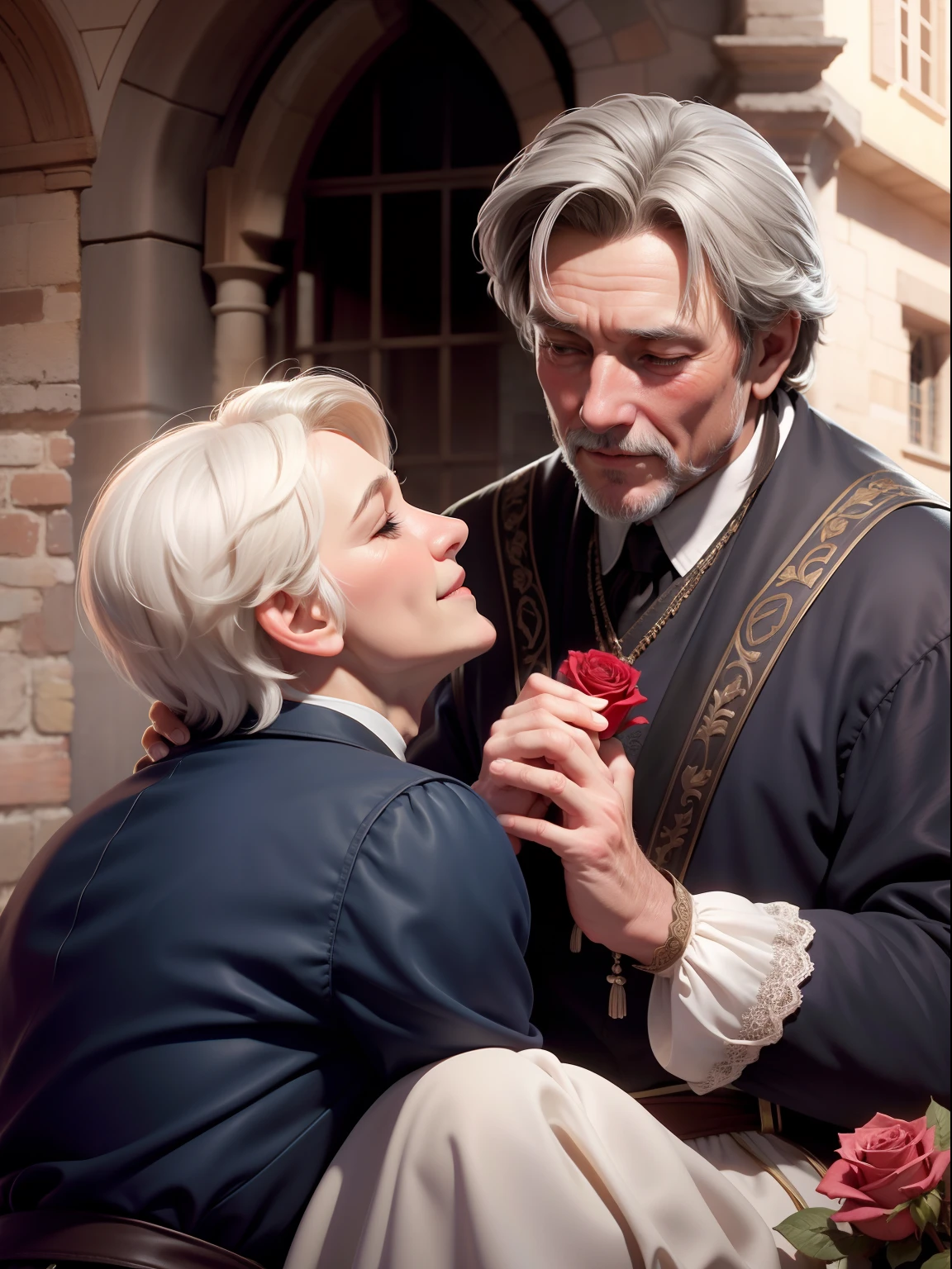 Close-up realism, depth of field. Shakespeare. 1200s. Old 50-year-old Romeo gets down on one knee and gives a rose to old 50-year-old Juliet. Blurred background of a medieval city, light haze