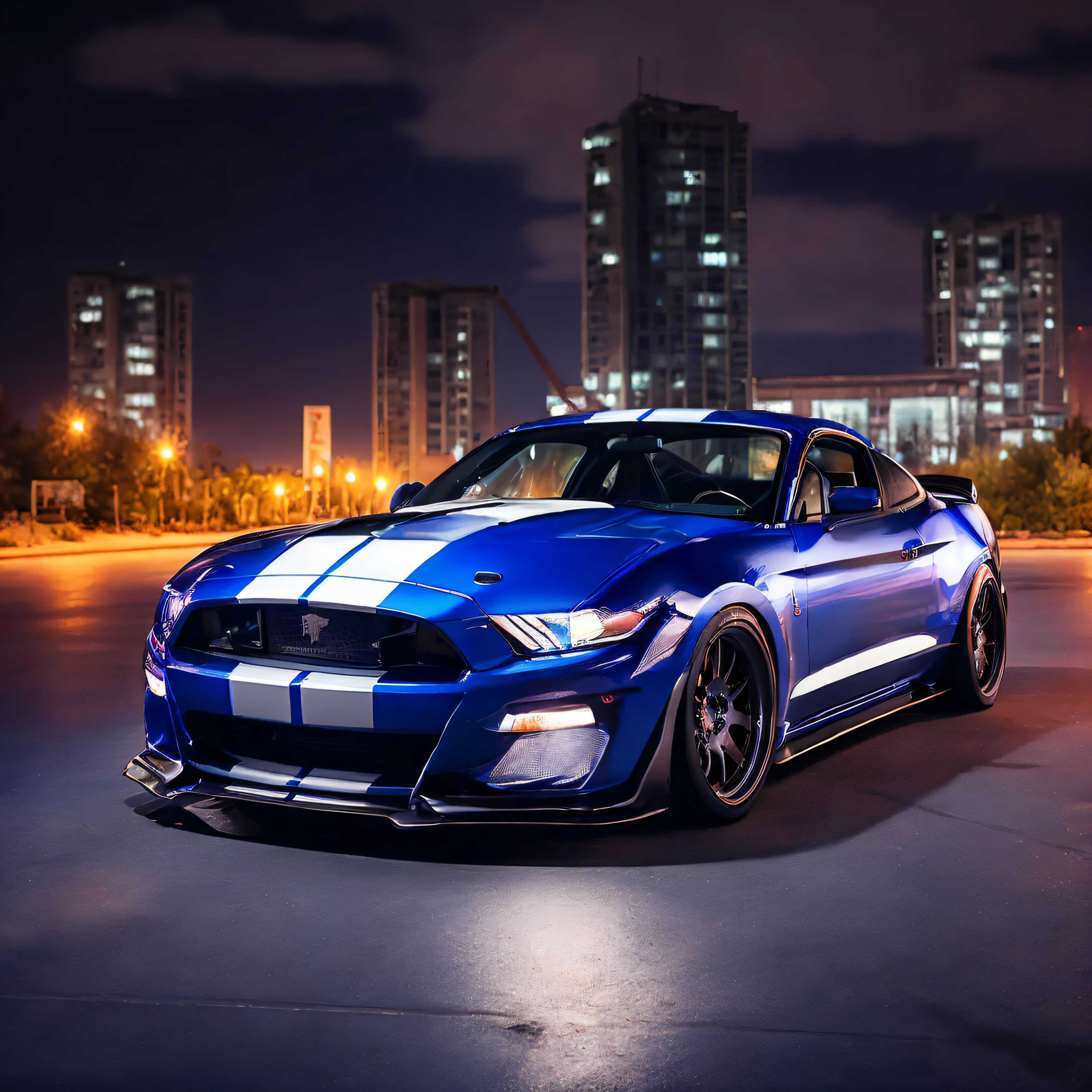 Blue mustangs parked in the parking lot at night, Wide body, automotive photography, auto photography, mustang, vehicle photography, automotive photography, muscle car, HQ 4K wallpaper, cinematic front shot, cinematic shot ar 9:16 -n 6 -g, front profile shot, with glowing blue lights, full view of a car, Shot on Canon EOS R 6