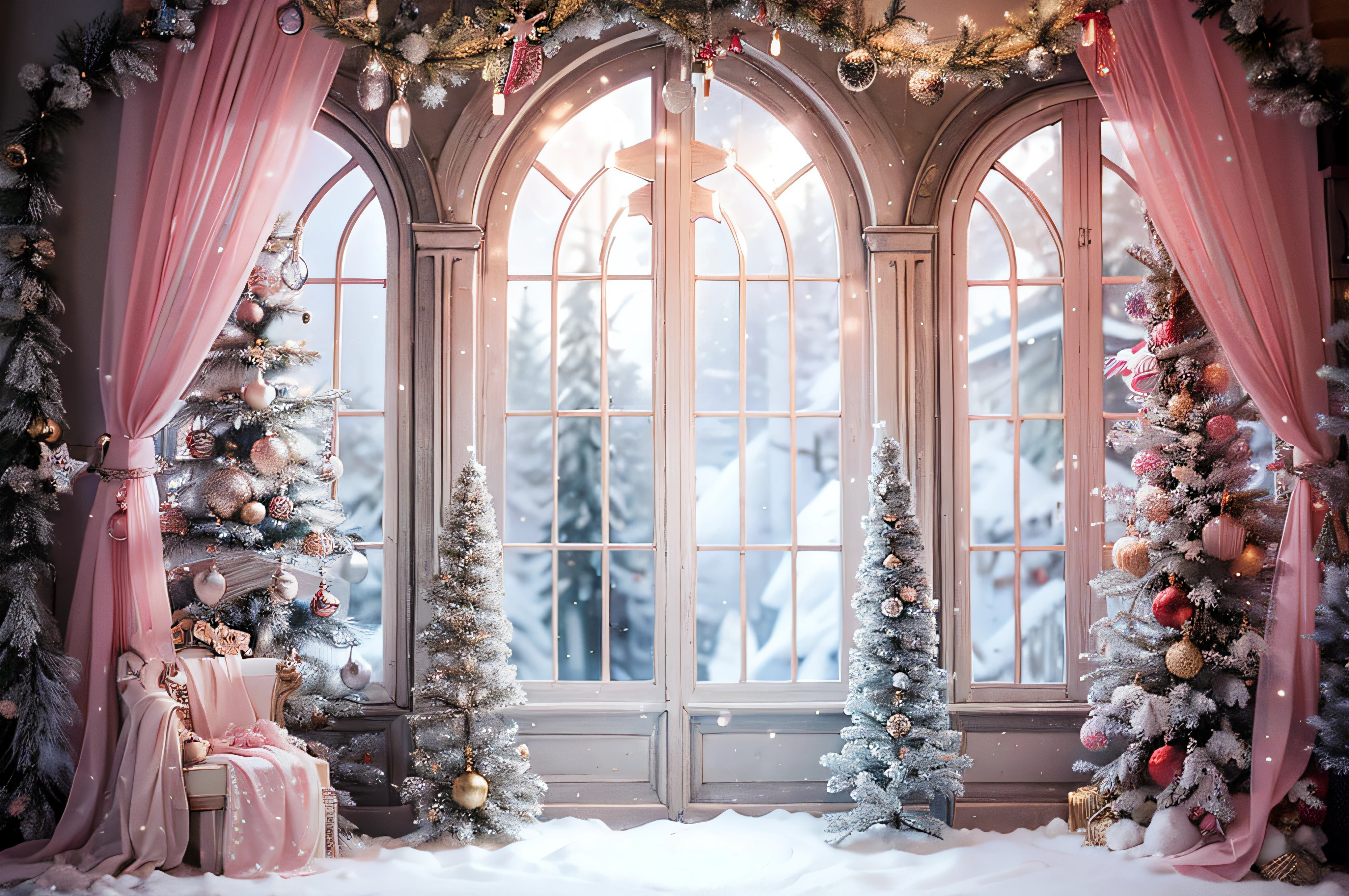 Allafid windows with Christmas decorations and presents, stunning arcanum backdrop, fantasia de cena de inverno, very magical and dreamy, dreamy and detailed, lavishly decorated, open window ib background, magical fairy background, light kingdom backdrop, Beautiful window photos, ornate backdrop, snow outside the windows, Magical environment, Winter wonderland, magical scene