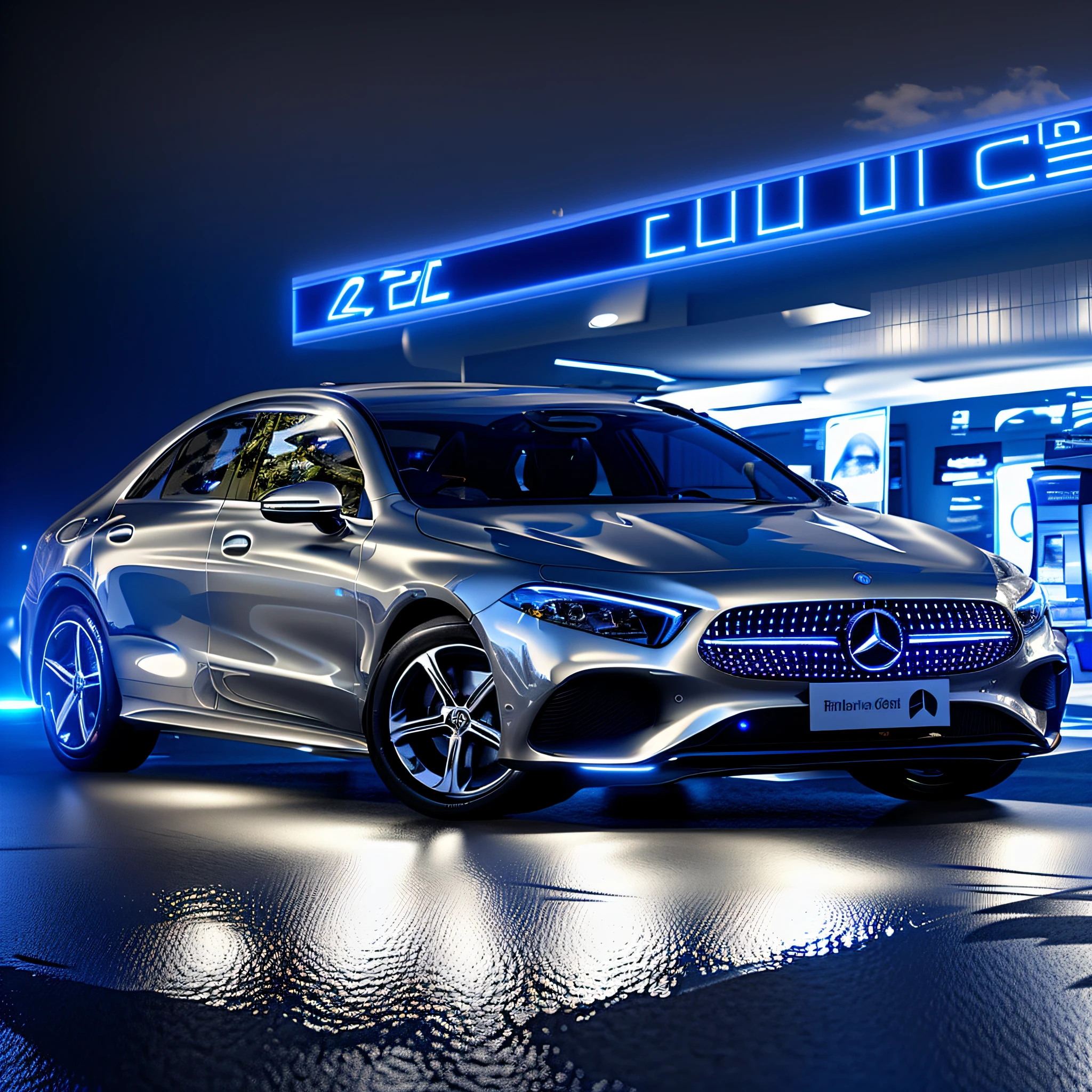 Luxury gray Mercedes in front of a convenience store, Night. movie wallpapers, 4K movies, rendering by octane, photoreal render, 8K rendering by octane, conceptual rendering , Digital art, illustration, conceito, Octane 3D,Gray cars
