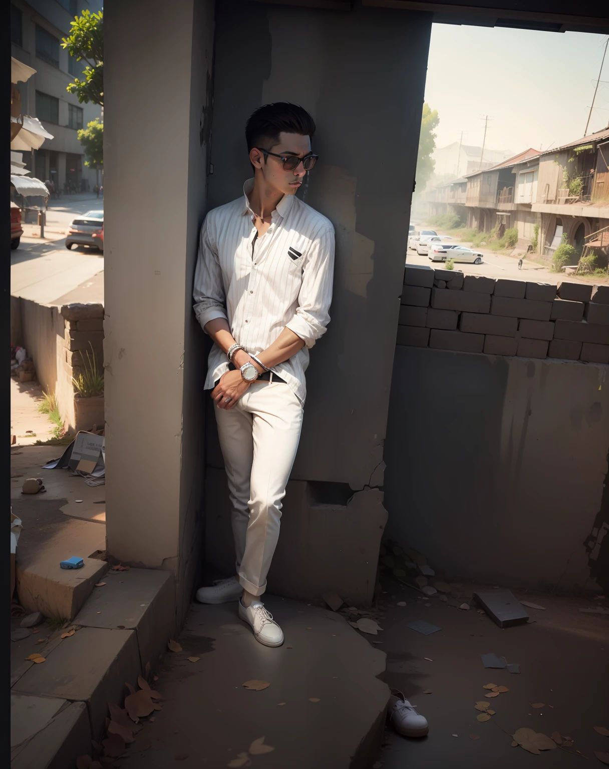 A man, white shoes, modify back wall