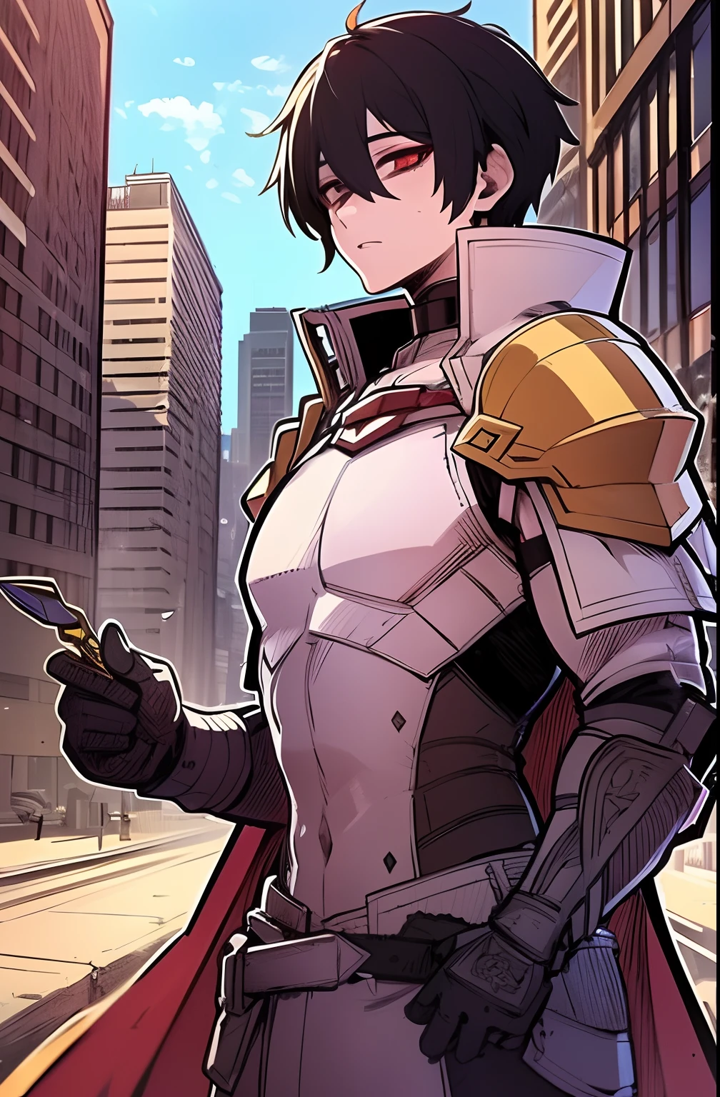 hight resolution, sharp-focus, pixiv masterpiece, ((intricate details)), Highly detailed, 1boy, upper-body, Kim_Minsu, bronya, red cape, red eyes, black hair, pauldrons, bags under eyes, City, shoulder armor,