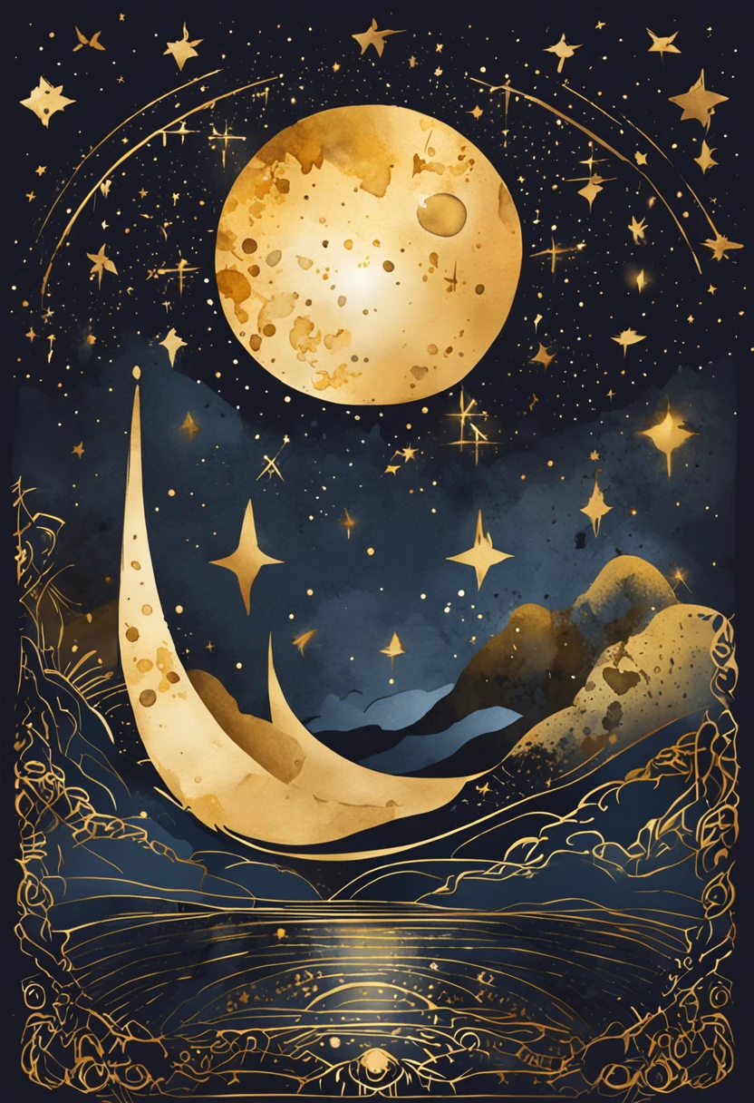 a gold moon with constellations, in the style of retro-futuristic propaganda, animated gifs, logo, gold and black, subtle gradients, hurufiyya, tenwave