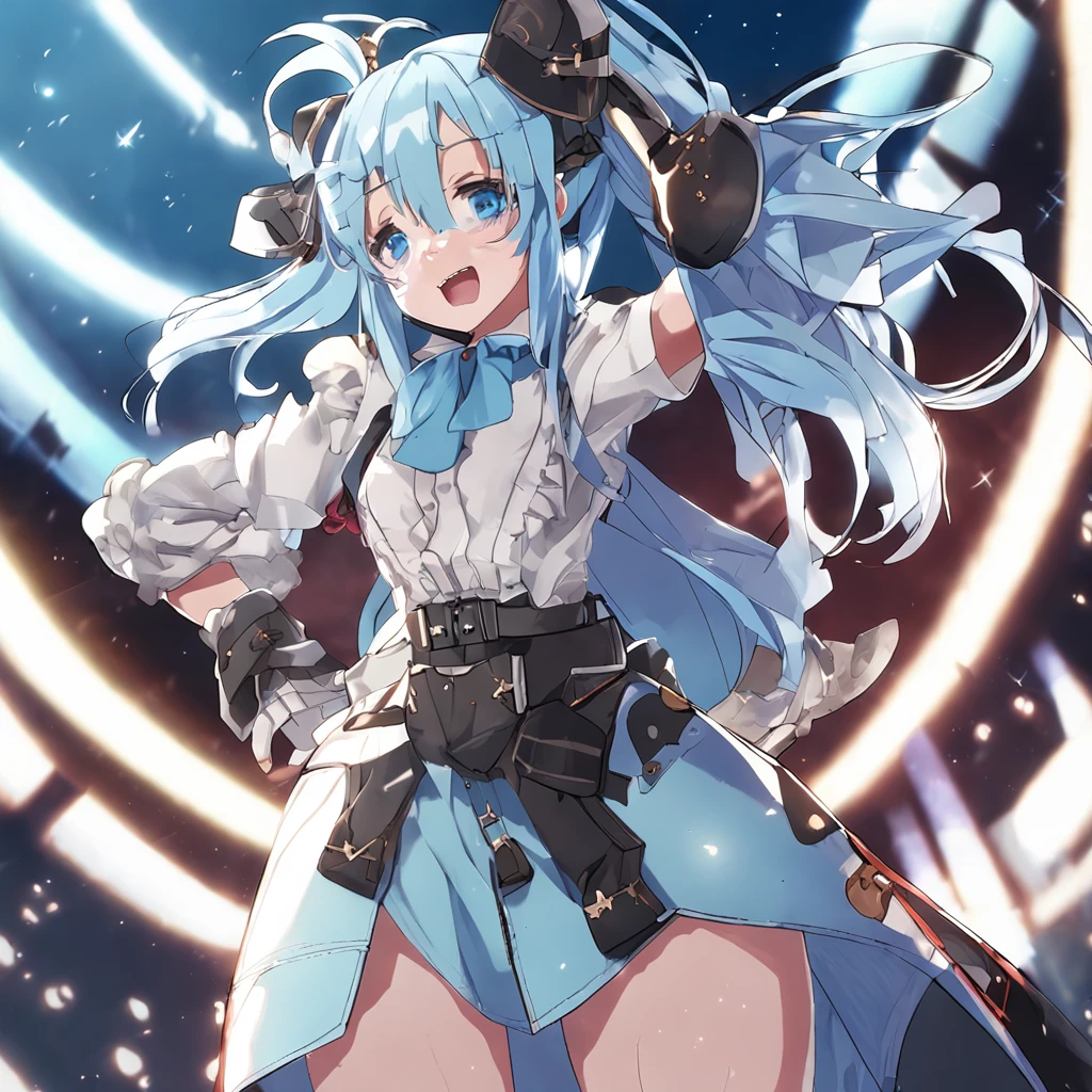 (Masterpiece), (Best quality), A high resolution, Ultra detailed, Professional lighting, Photography, Mixed 4 adults, Perfect skin, model, Night, the huge moon, 1girll, Solo, Aqua_konosuba, Bottom view, Smug, Smile, Open mouth, Blue eyes, Light blue hair, Long hair, Gothic, ribbon, Hair Bow, a garter belt, lipstick, mitts, swollen sleeves, Sitting, Detailed background, Clear sky, stars, sickle