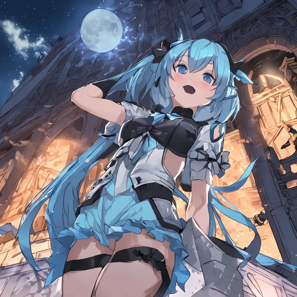 (Masterpiece), (Best quality), A high resolution, Ultra detailed, Professional lighting, Photography, Mixed 4 adults, Perfect skin, model, Night, the huge moon, 1girll, Solo, Aqua_konosuba, Bottom view, Smug, Smile, Open mouth, Blue eyes, Light blue hair, Long hair, Gothic, ribbon, Hair Bow, a garter belt, lipstick, mitts, swollen sleeves, Sitting, Detailed background, Clear sky, stars, sickle