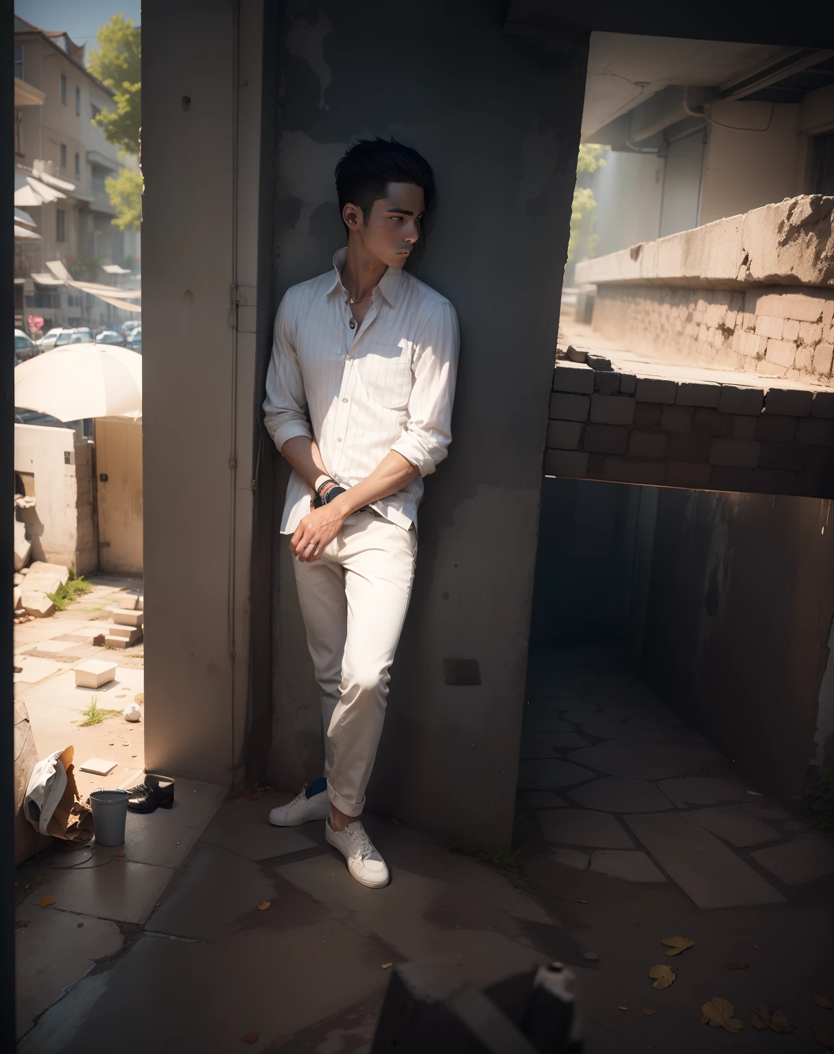 A man, white shoes, modify back wall