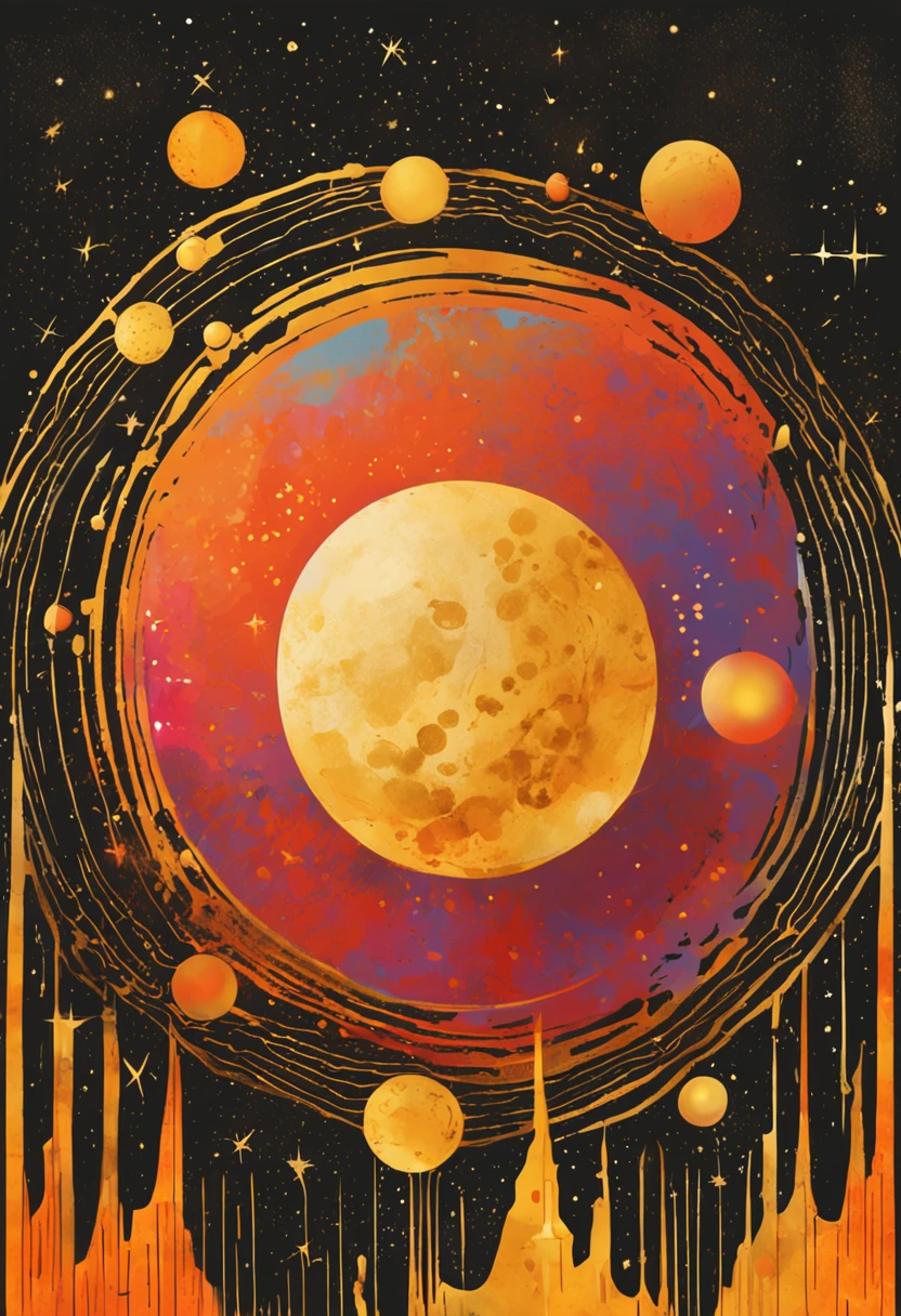 a gold moon with constellations, in the style of retro-futuristic propaganda, animated gifs, logo, gold and black, subtle gradients, hurufiyya, tenwave