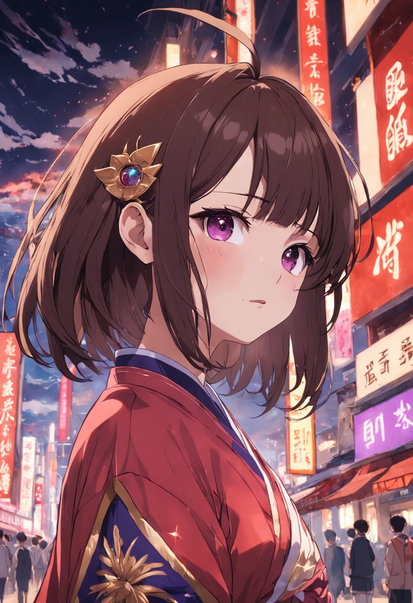 brunette color hair,short detailed hair,Ear ring,Be red in the face,Purple pupils,chineseidol