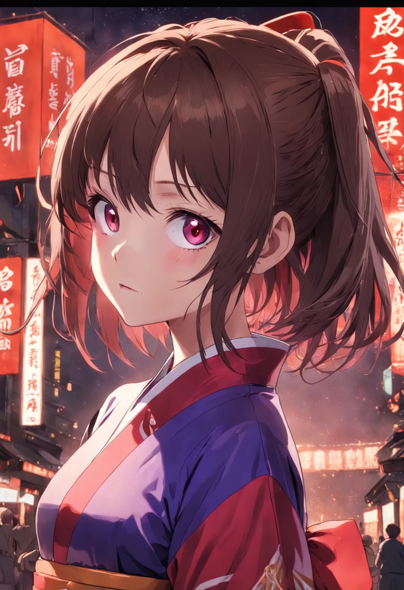 brunette color hair,short detailed hair,Ear ring,Be red in the face,Purple pupils,chineseidol