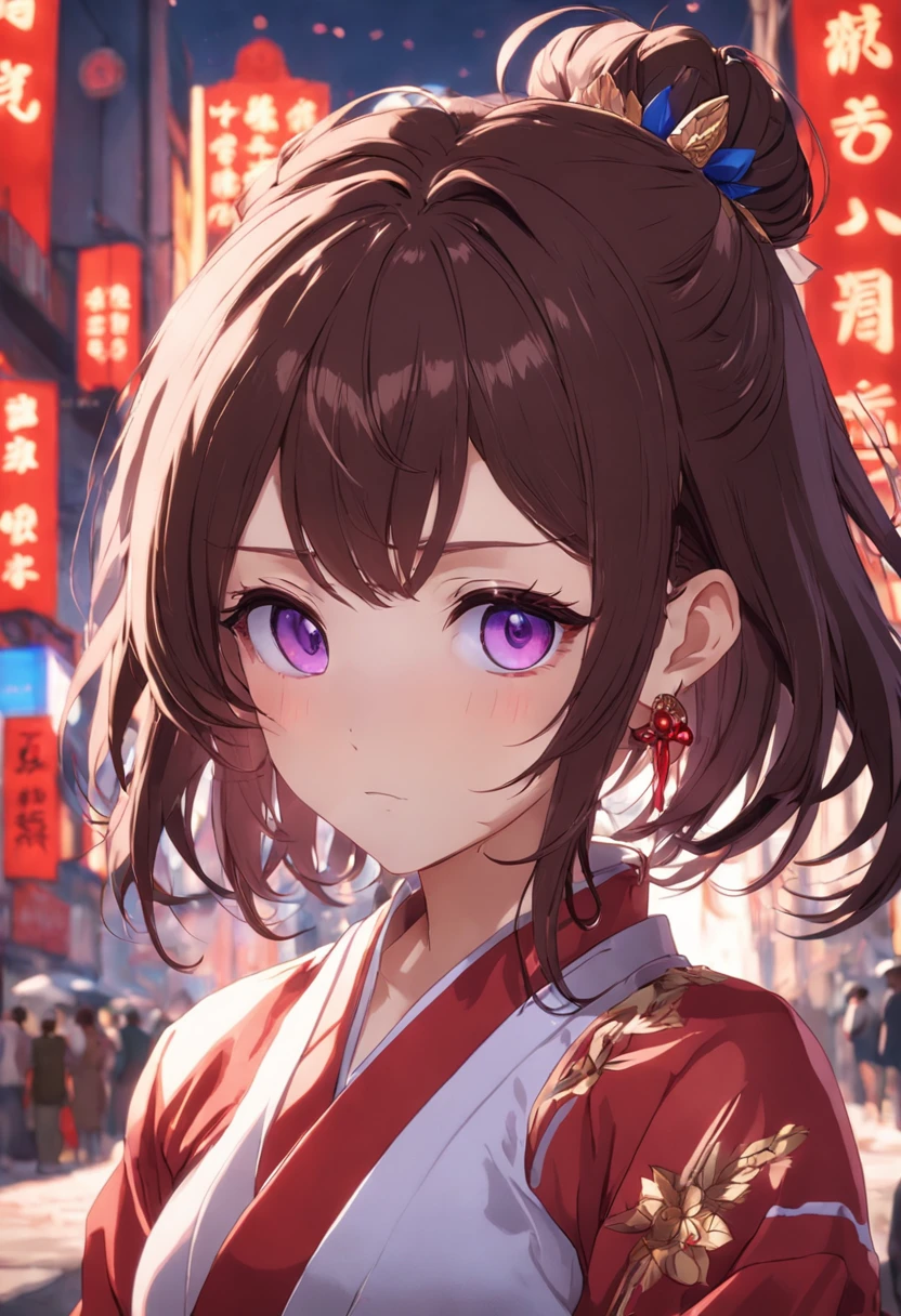 brunette color hair,short detailed hair,Ear ring,Be red in the face,Purple pupils,chineseidol