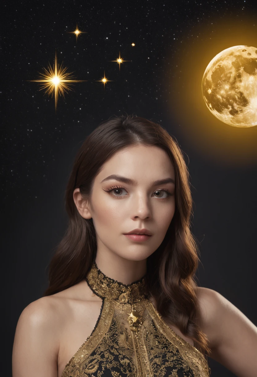 a gold moon with constellations, in the style of retro-futuristic propaganda, animated gifs, logo, gold and black, subtle gradients, hurufiyya, tenwave