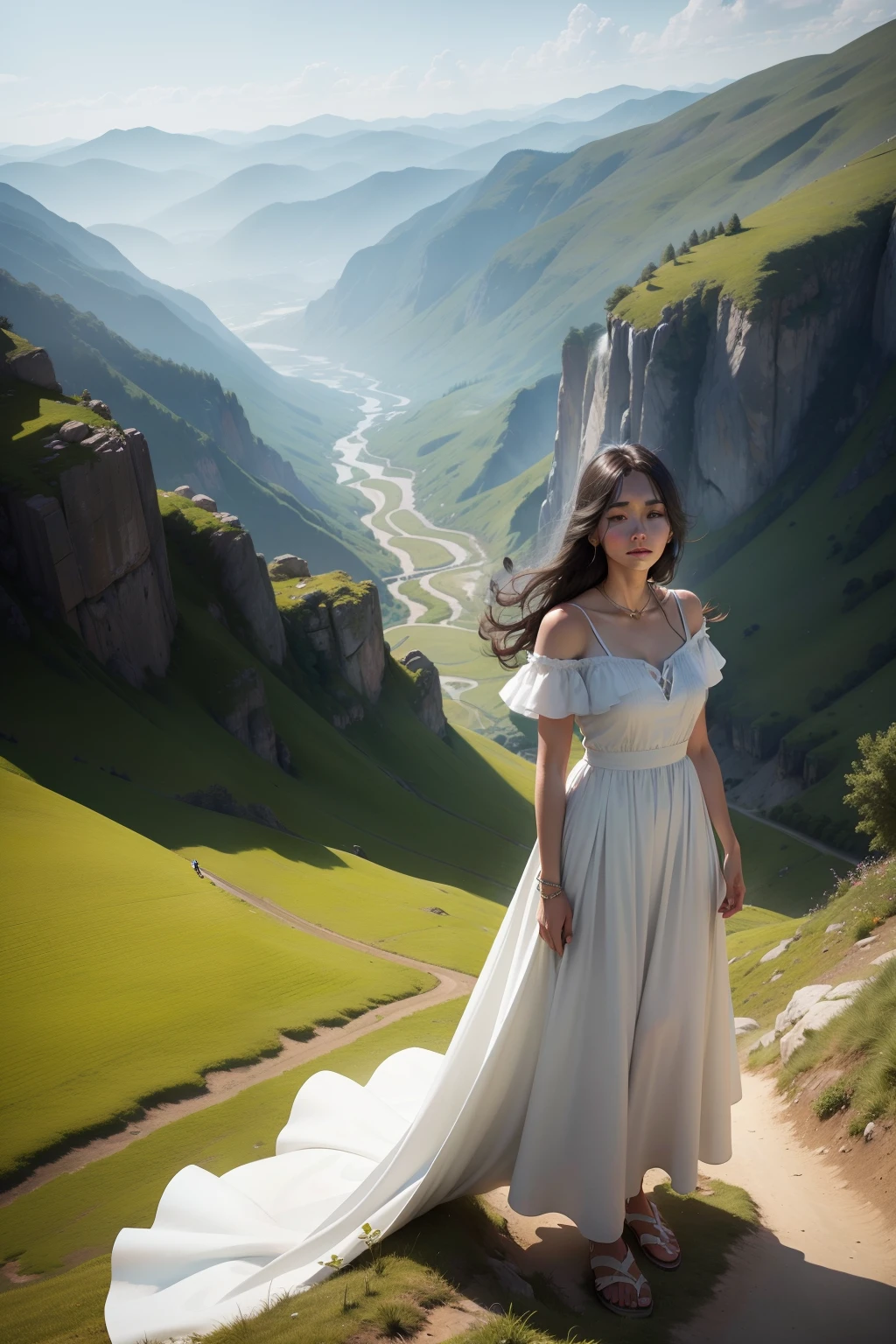 A woman in a flowing white dress stands on top of a hill, Her voice echoed throughout the valley.