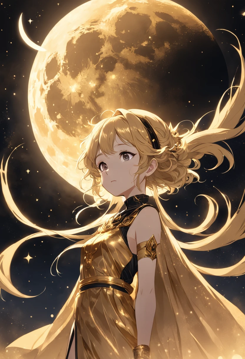 a gold moon with constellations, in the style of retro-futuristic propaganda, animated gifs, logo, gold and black, subtle gradients, hurufiyya, tenwave