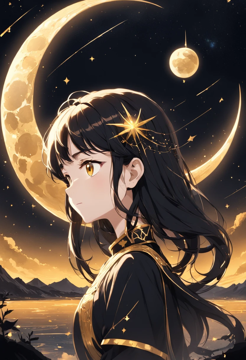 a gold moon with constellations, in the style of retro-futuristic propaganda, animated gifs, logo, gold and black, subtle gradients, hurufiyya, tenwave