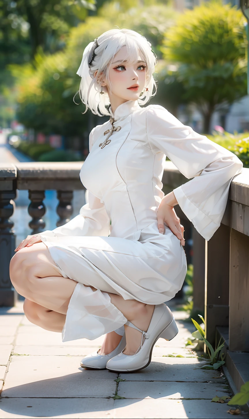 Close-up of a woman with white hair,period costume,white dresses,((High heels in the city)),(full bodyesbian),(((sitted))),8K quality