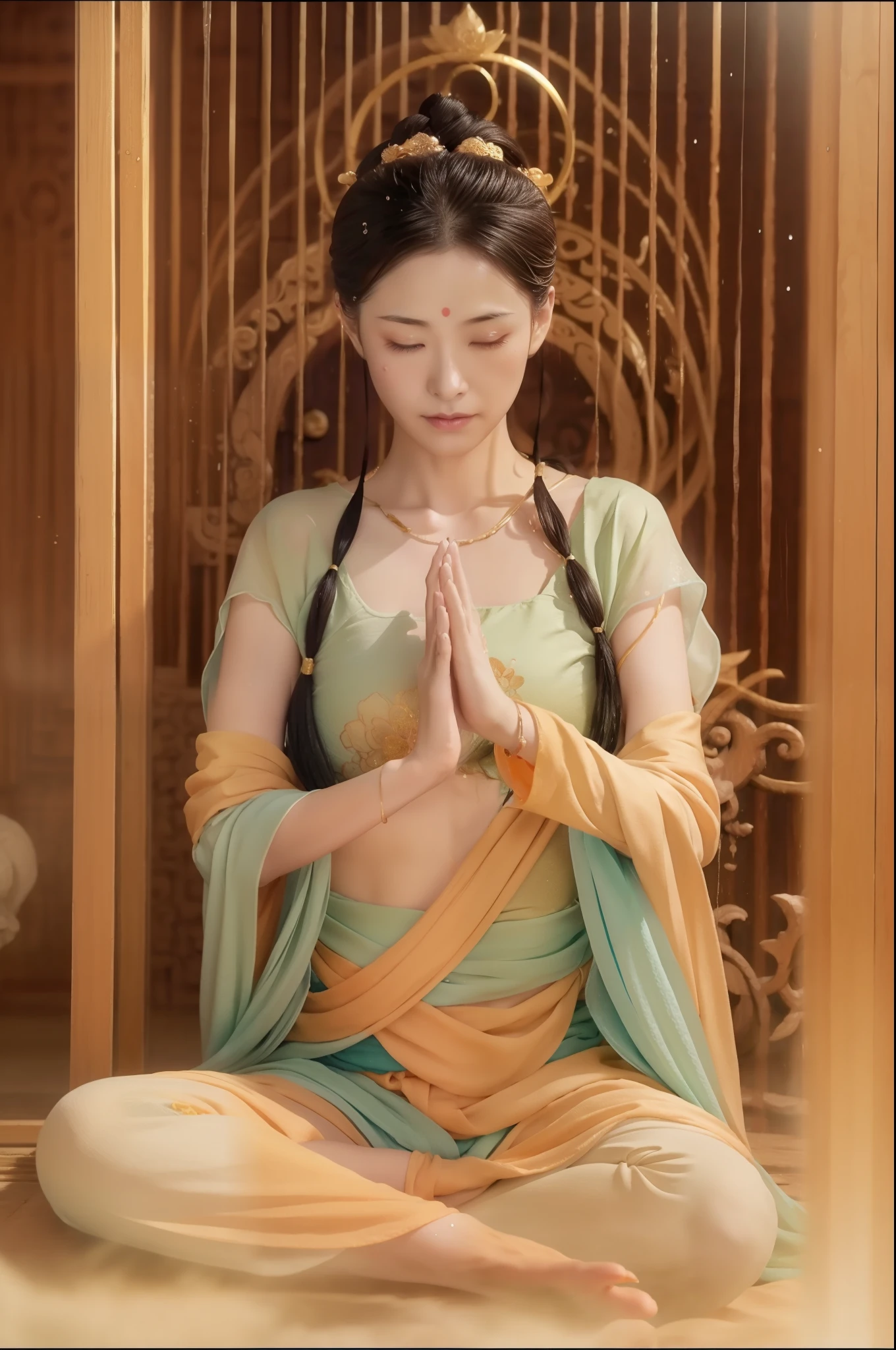 Sweat-soaked sexy Zen Princess Ming sits in a  chamber meditating，（Yoga lotus sitting），（complete，Delicate and good-looking face)，（The whole body is drenched in ）