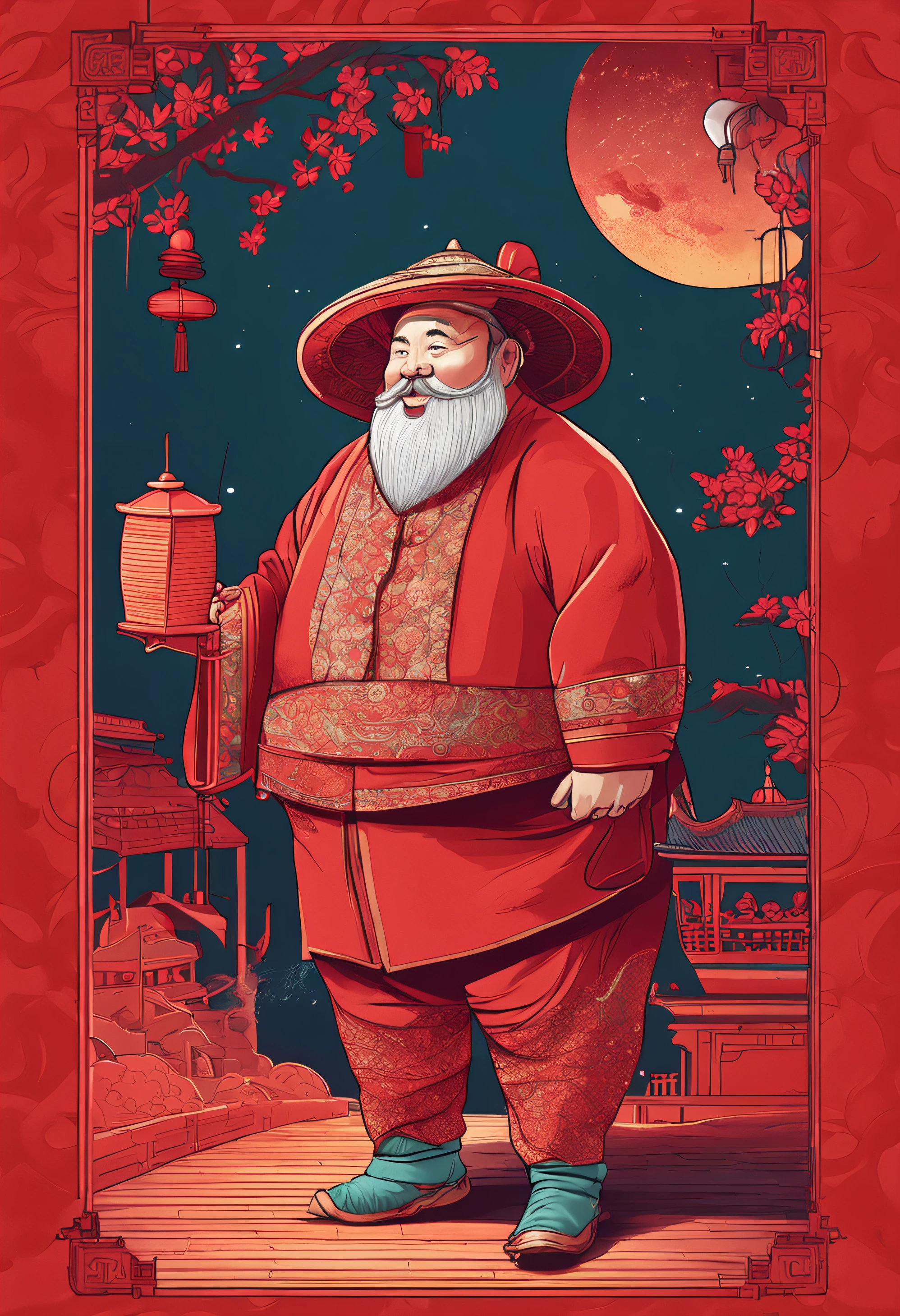 A fat middle-aged man in Vietnam, wearing a hat, a bow tie, wearing a red Mid-Autumn Festival costume, Pixar, full body, pure front, right hand holding a lantern stretching forward, feeling the light, Detail optimized, red background bulge