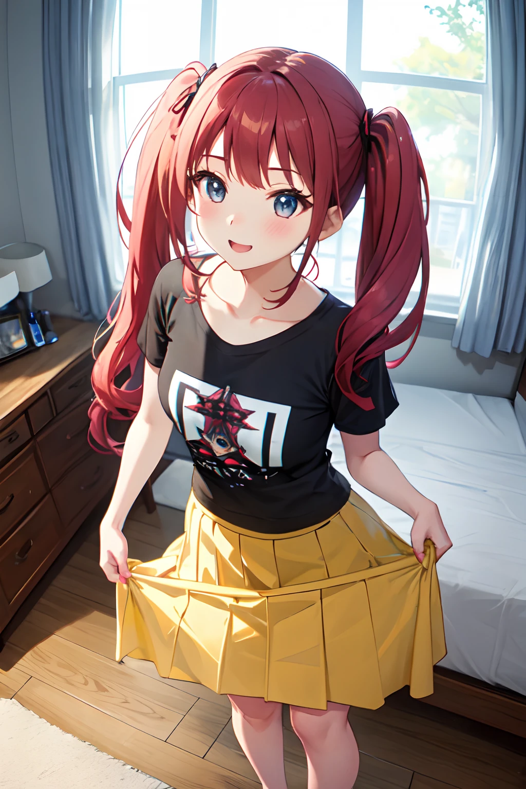 indoor, bedroom, wide angle, 1girl, POV, from above, standing, casual clothes, twintails, t-shirt, skirt, (skirt lifted),