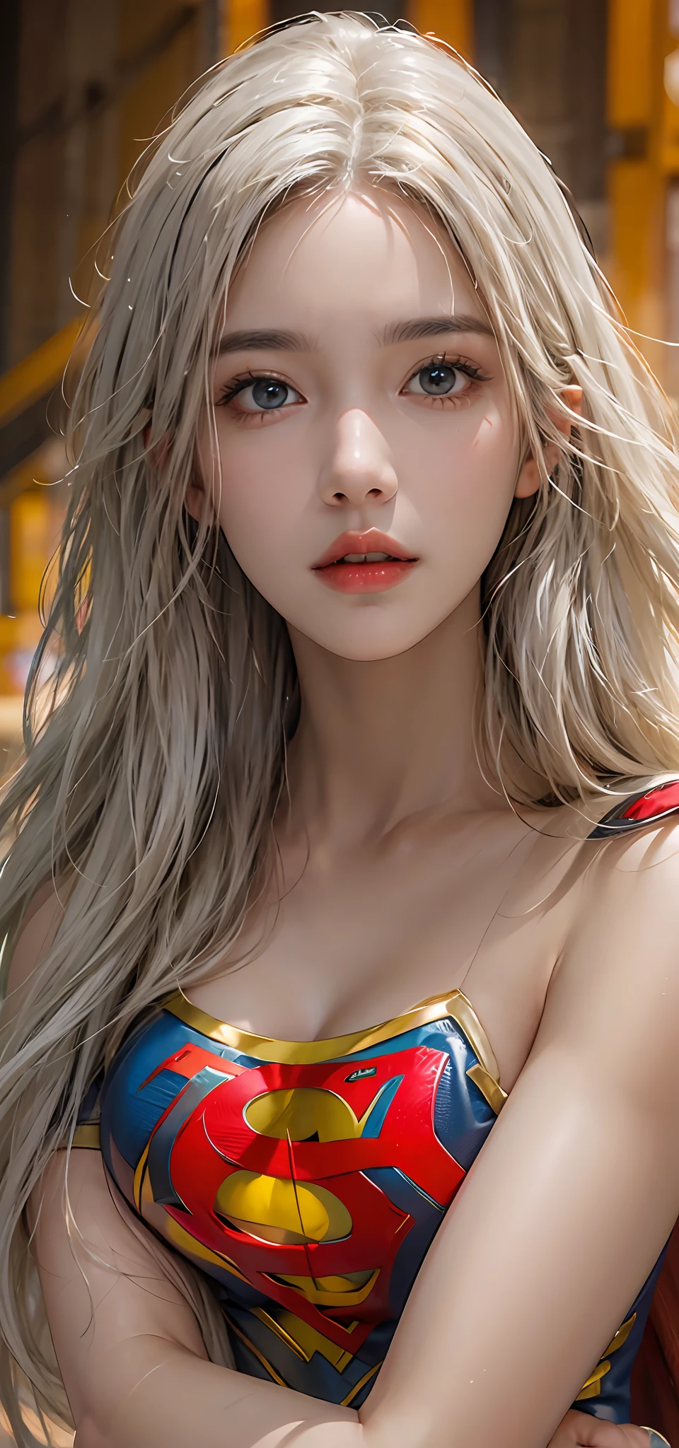 Photorealistic, high resolution, 1 Women, Solo, Beautiful eyes, view the viewer, Close lips, Detailed face,,long whitr hair, Big breasts Thin waist,long leges,Raised sexy,The kinky is exposed,Supergirl(Wearing:Superman uniform,nakeness)