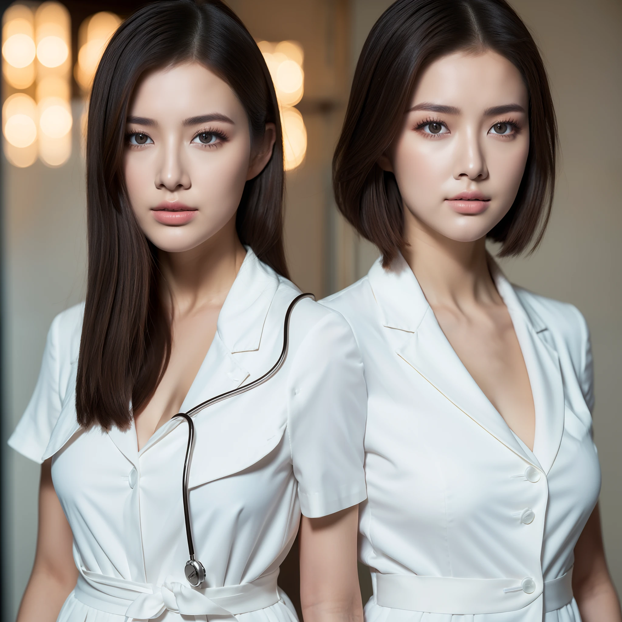 ((Realistic lighting, Best quality, 8K, Masterpiece: 1.3)), Focus: 1.2, (1 female nurse), Perfect body beauty: 1.4, Slim abs: 1.1, ((dark brown hair)), (White nurse suit: 1.4) (indoor), Super fine face, fine eyes, double eyelids, full body shot