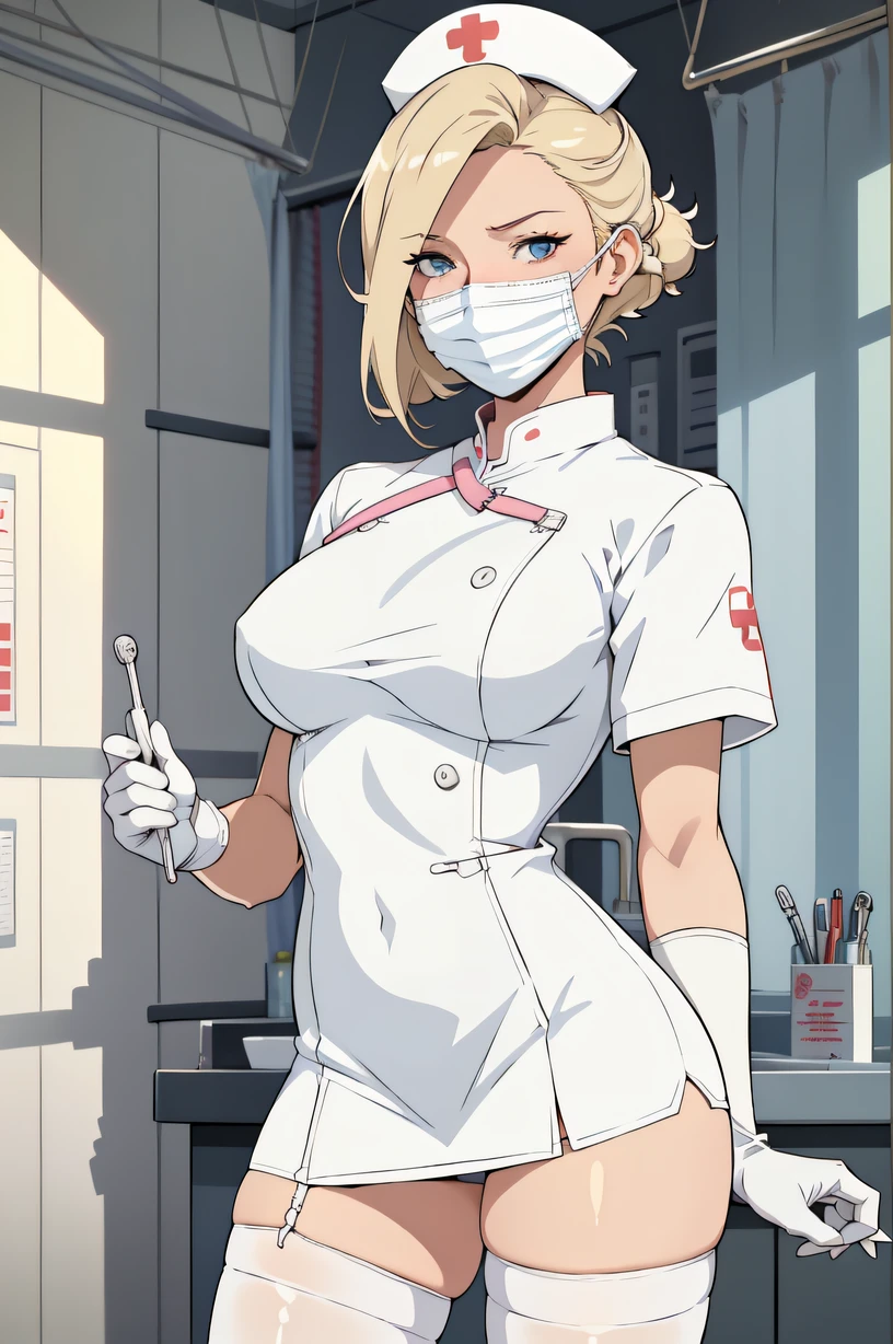 1womanl, Nurse, Nurse Cap, Whiteware, ((White legwear, zettai ryouiki)), White Gloves, Blonde hair, Blue eyes, ((White surgical mask, Cover the nose)), Standing, sharp outline, Short sleeves, a matural female, 35 year old, Best Quality, masutepiece, infirmary