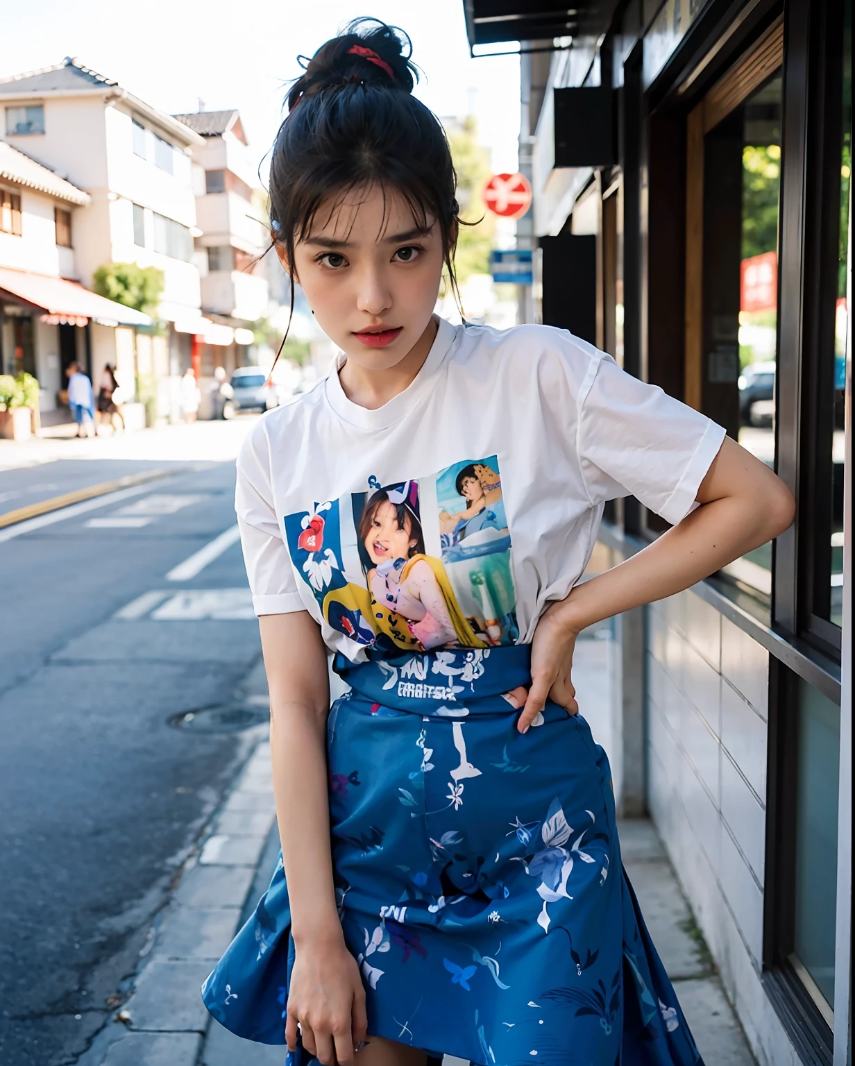 Mujer araffed con camisa blanca y falda azul posando para una foto, Kiko Mizuhara, Gemma Chan, Imagen filtrada, Natsumi Mukai Artwrok, Ella lleva ropa de calle, Imagen del anuncio, Ropa de calle japonesa, por Nishida Shun'ei, 90s japan, foto filtrada, El estilo de Tsubasa Nakai, young pretty gravure idol